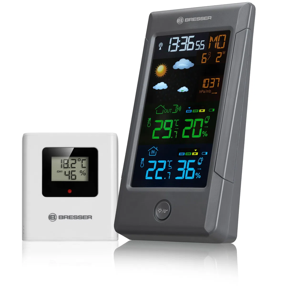 Bresser Stazione Meteo Radio con Sensore Esterno ClimateTemp NBF, Orologio DCF, Termometro Igrometro, Previsioni Meteo Display Colori Digitale