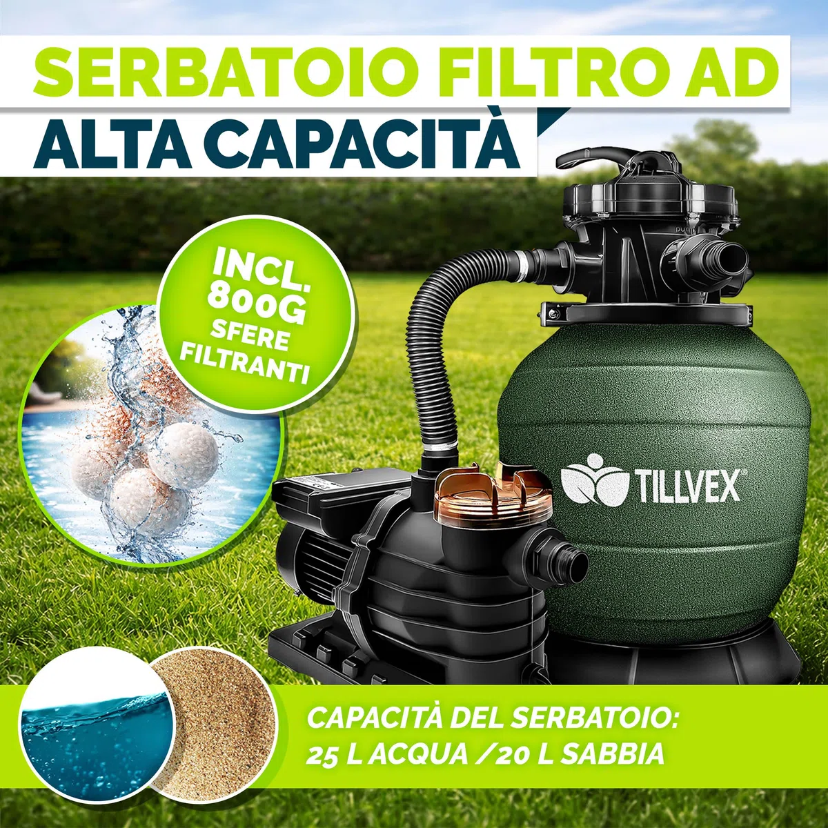 tillvex Depuratore d'acqua per piscina 10 m³/h 800 g sfere filtro Pompa filtro a sabbia con valvola