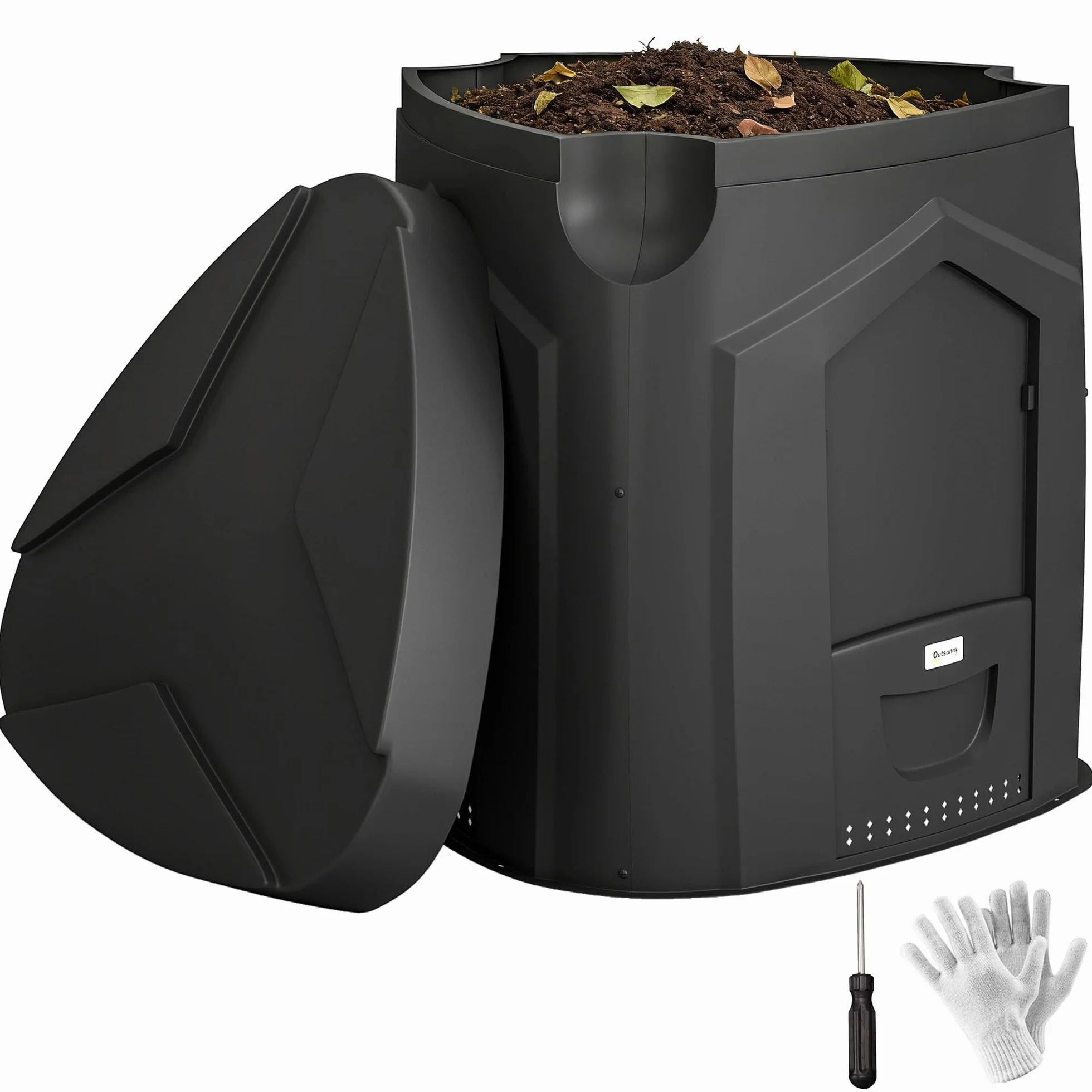 Outsunny Compostiera da Giardino 240L Triangolare Girevole con 66 Prese d'Aria e 3 Porte, 78x75x78 cm, Nero