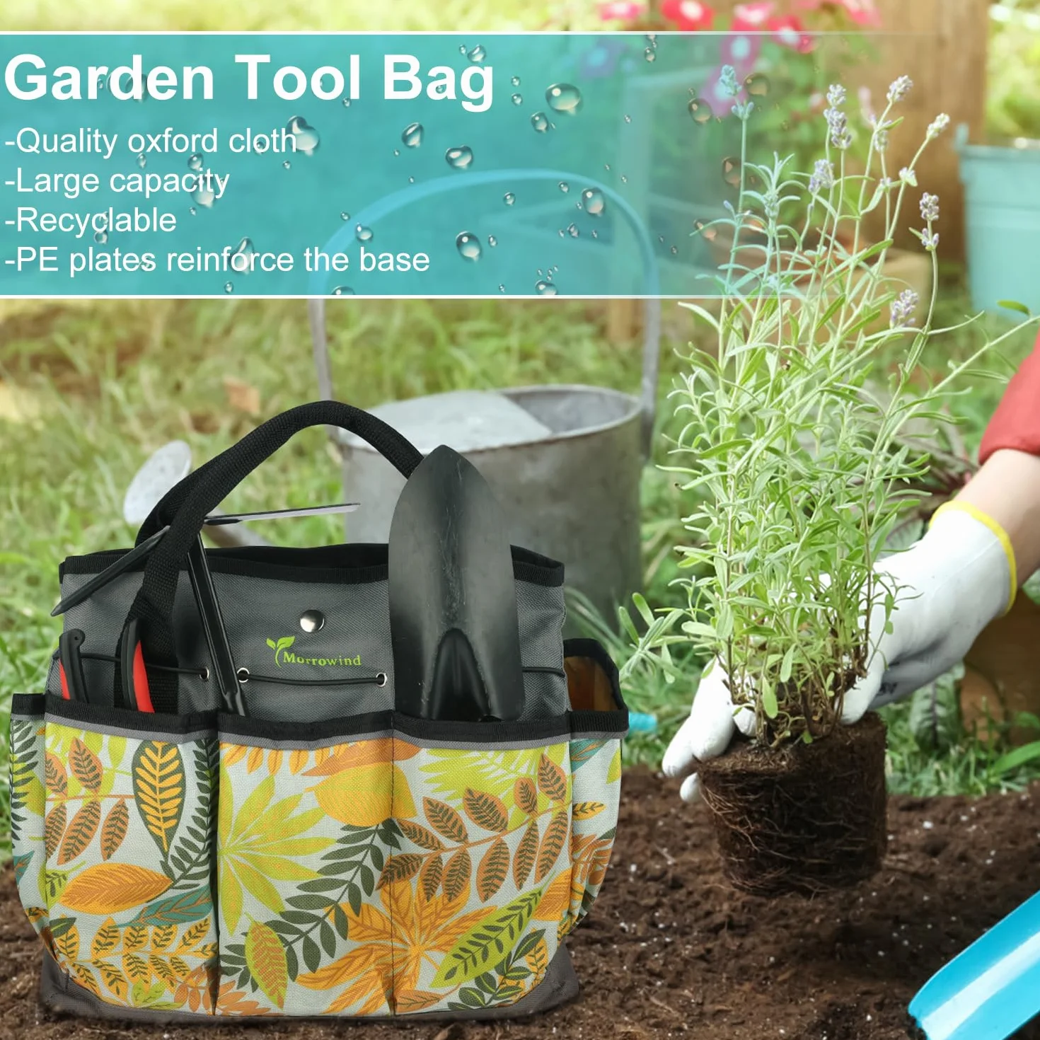 MORROWIND Borsa Attrezzi da Giardino in Tessuto Oxford, Tote con Tasche e Tracolla Regolabile Organizzatore Attrezzi con Tasca con Cerniera per Giardinaggio e Lavoro nel Prato, Verde Floreale