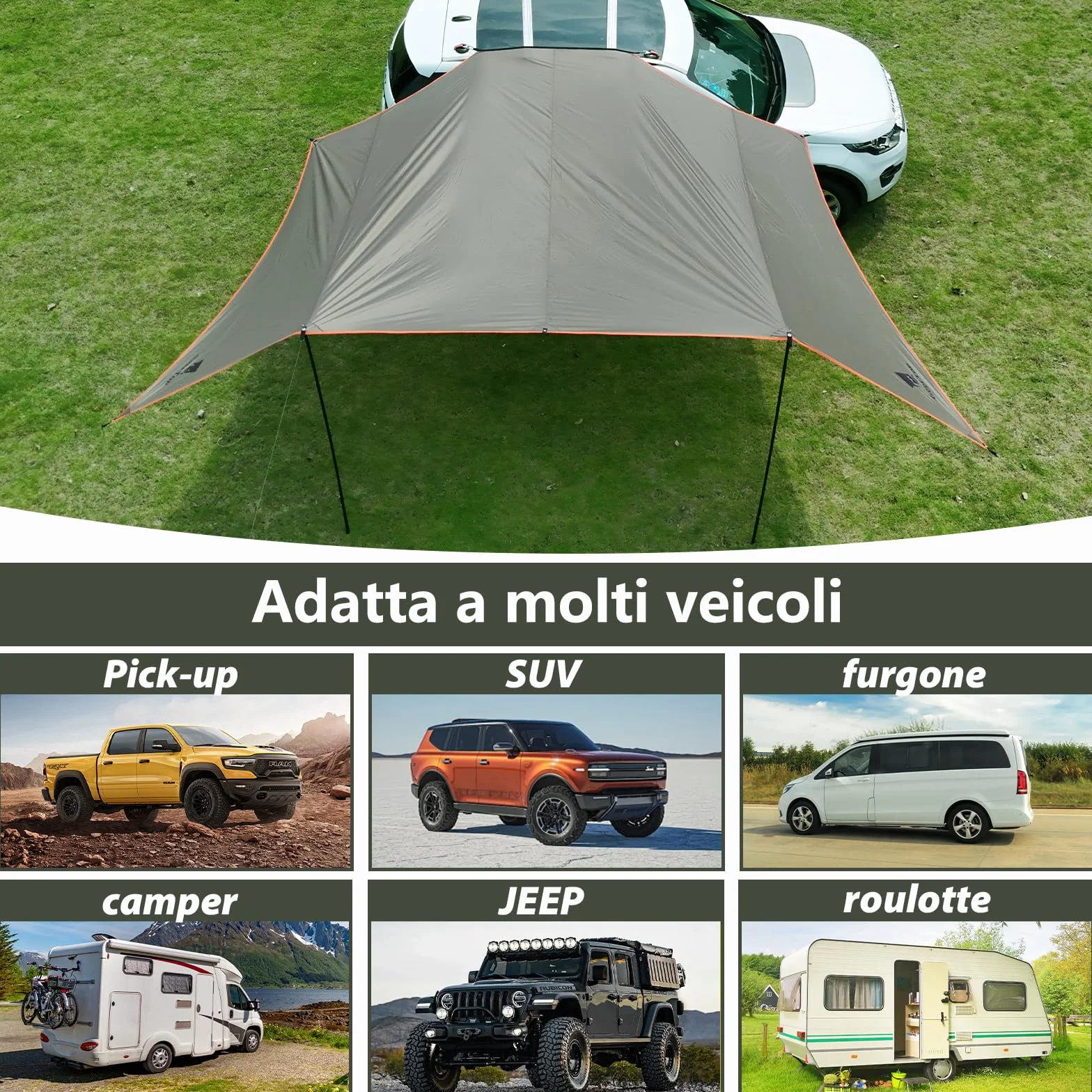 Tenda da Sole Auto GeerTop 3,5 x 5,8 m Impermeabile 3000 mm, Grande Tenda Laterale con 2 Aste, Tettoia Solare Impermeabile per Campeggio Auto, SUV, MPV, Camper