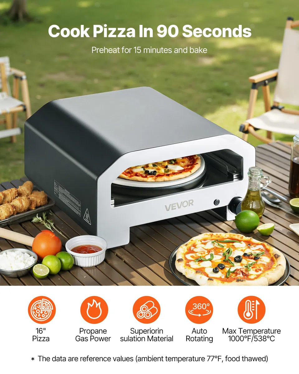 VEVOR Forno per Pizza da Esterno, Macchina per Pizza Portatile a Gas Propano 406 mm, Rotazione Elettrica, Pietra Spessa