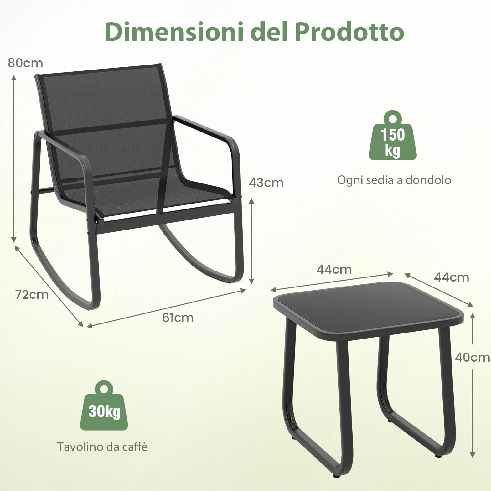 COSTWAY Set Bistrò 3 Pezzi, Sedie a Dondolo Ergonomiche Textilene, Tavolino Vetro Temperato, Struttura Metallo, Nero