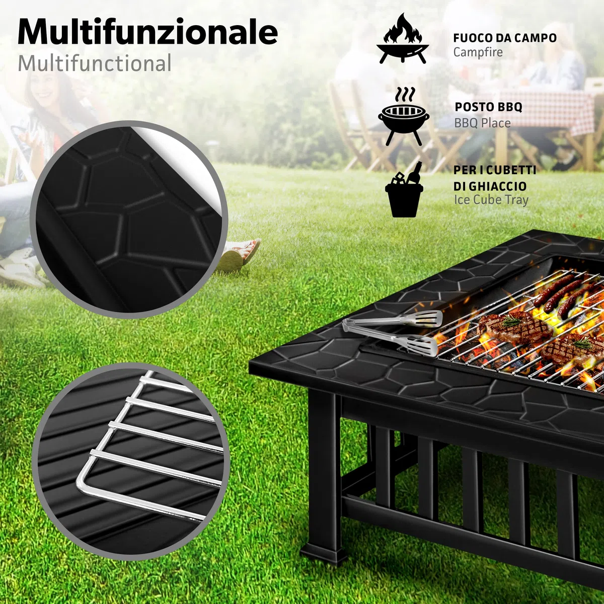 tillvex Braciere con Parascintille e Griglia | Braciere Esterno per il Giardino | 3 in 1 BBQ Grill con Coperchio, Attizzatoio, Pinze e Griglia a Carbone