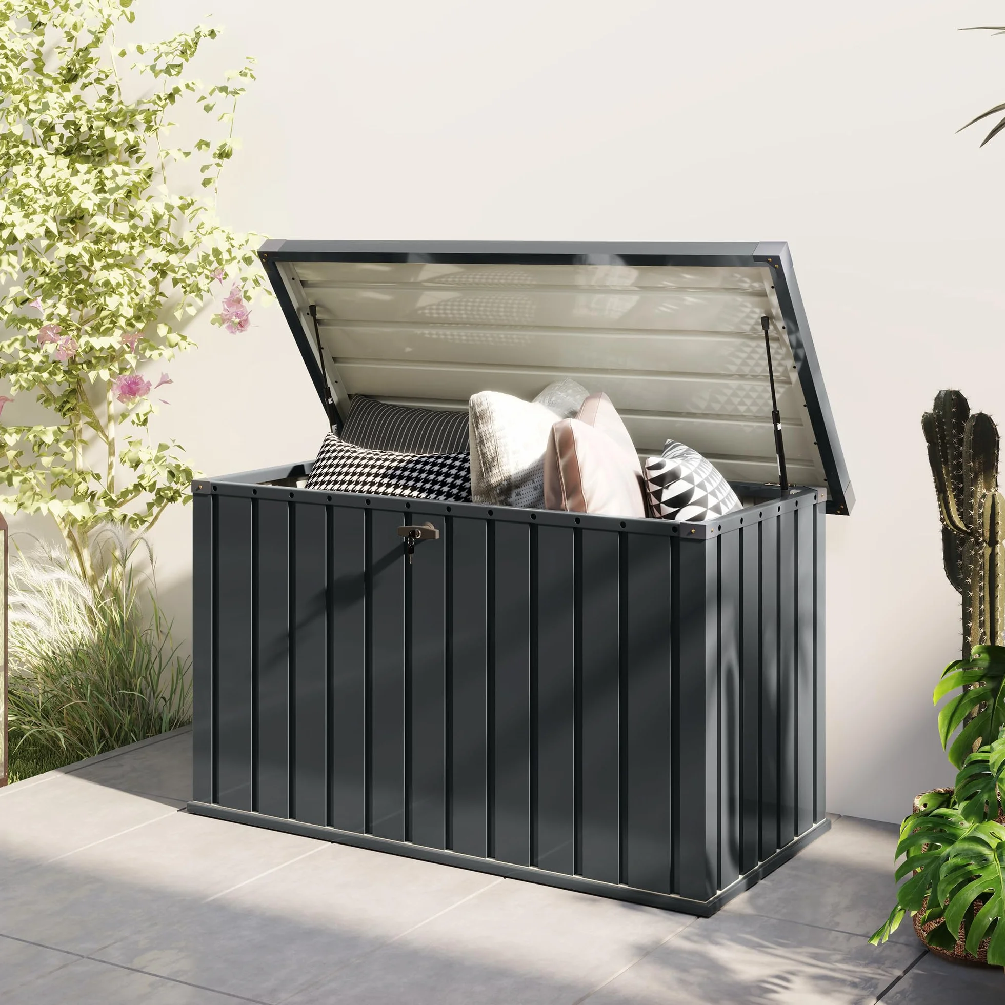 Outsunny Baule da Esterno da 400L con Coperchio a Doppia Leva, Serratura e 2 Chiavi, Cassapanca Contenitore da Esterno Impermeabile in Acciaio Zincato, 124x66x72 cm, Grigio Scuro