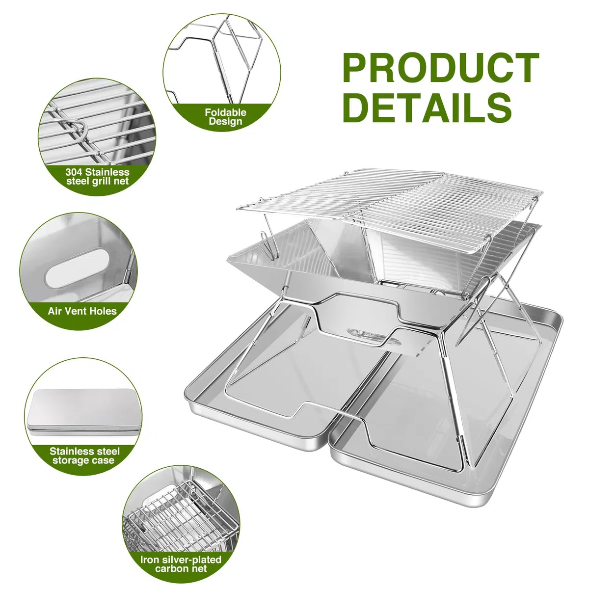Braciere pieghevole portatile con braciere, set da campeggio pieghevole con scatola di ferro e borsa per il trasporto, griglia pieghevole in acciaio inox per barbecue, picnic, patio