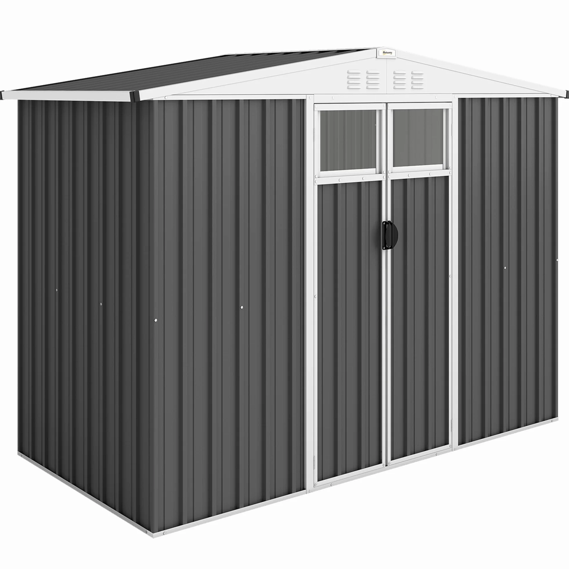 Outsunny Casetta da Giardino 2.7m² in Acciaio Zincato con 4 Prese d'Aria e 2 Finestre Trasparenti, Capanno Porta Attrezzi con Tetto Inclinato, Doppio Porte Bloccabili con Chiavi e Guanti Grigio Scuro