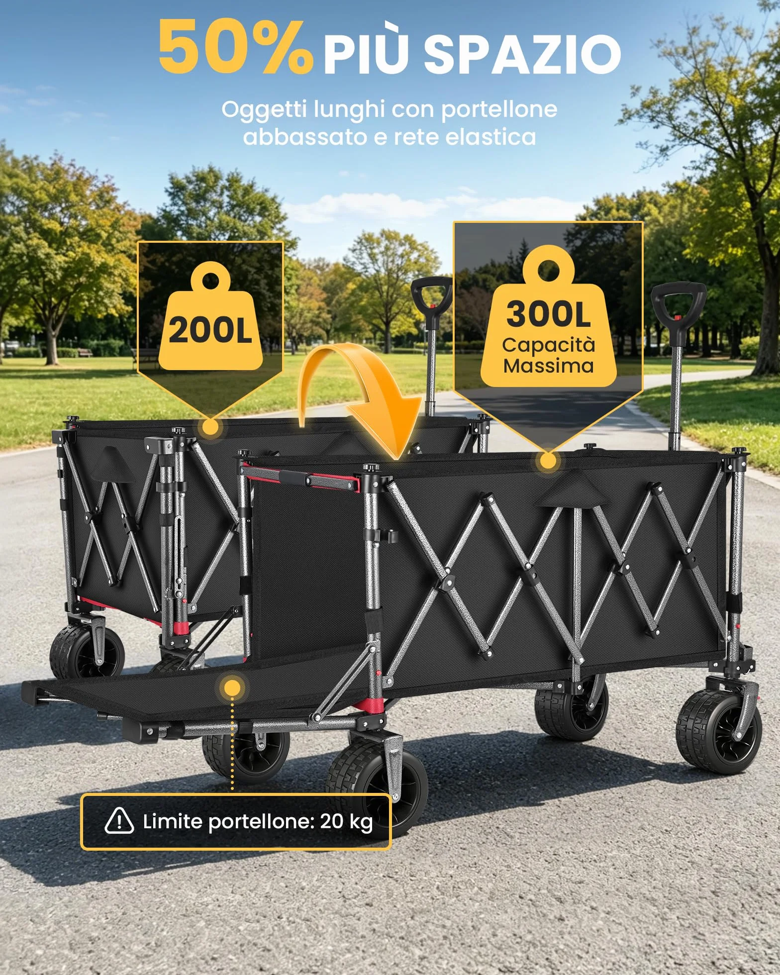 Carrello Spiaggia YEAUPE PRO XXXL con Grandi Ruote Girevoli 360°, 250kg 200-300L, Nero