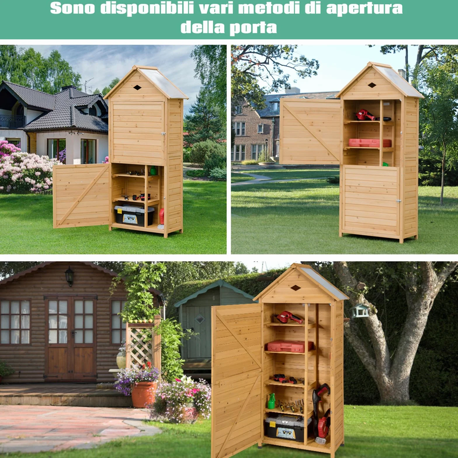 COSTWAY Armadio da Esterno, Casetta da Giardino in Legno con Tetto Galvanizzato Impermeabile, Mensole e Chiusura a Chiave, Ripostiglio da Balcone, Cortile e Giardino (80 x 45 x 177 cm)