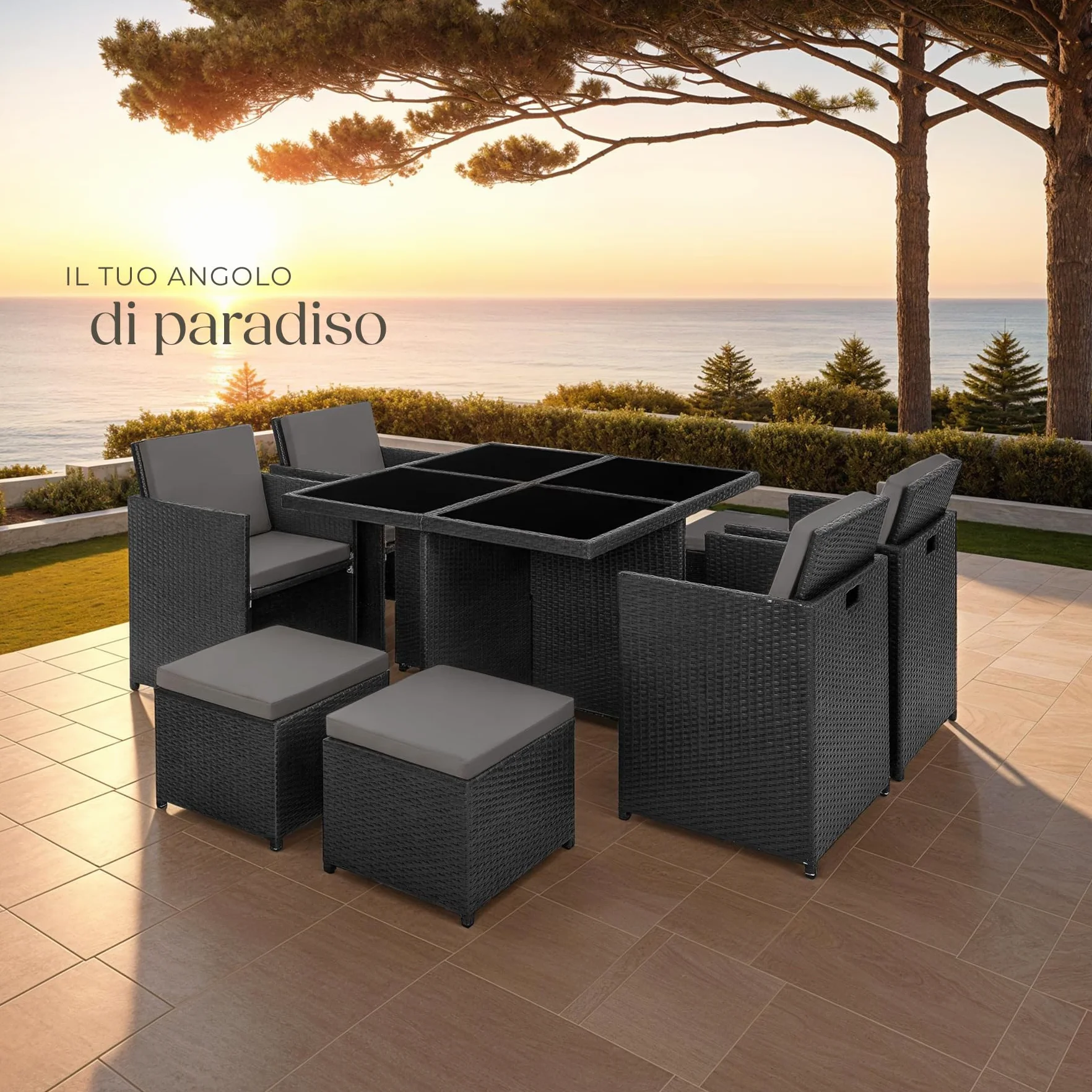 Tectake Set Mobili da Giardino Rattan Sintetico Alluminio 4 Sedie Tavolo 4 Sgabelli Involucro Protettivo Nero