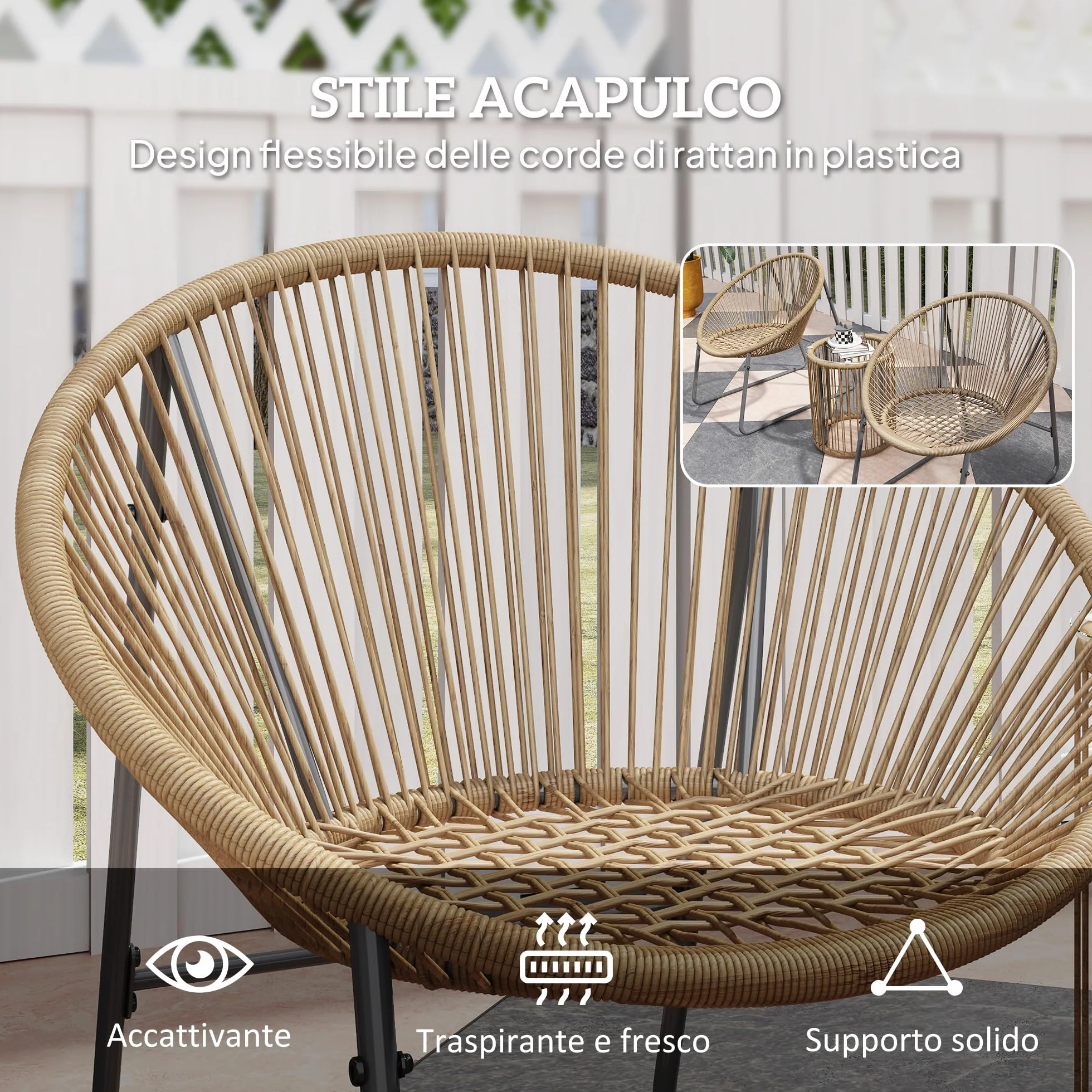 Outsunny Set da Giardino 3 Pezzi Rattan PE Acciaio, 2 Sedie Cuscini Lavabili Tavolino Caffè Vetro, Mobili Balcone Patio Cortile