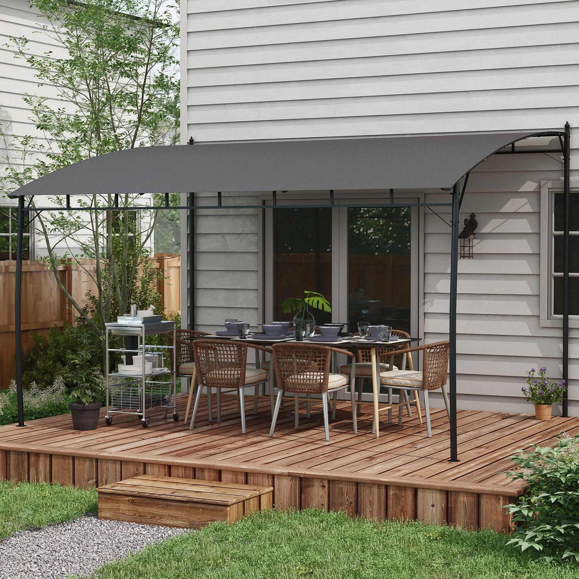 Outsunny Pergola Gazebo Metallica Tettuccio Poliestere 12 Fori Drenaggio 400x296x200/262 cm Grigio Scuro