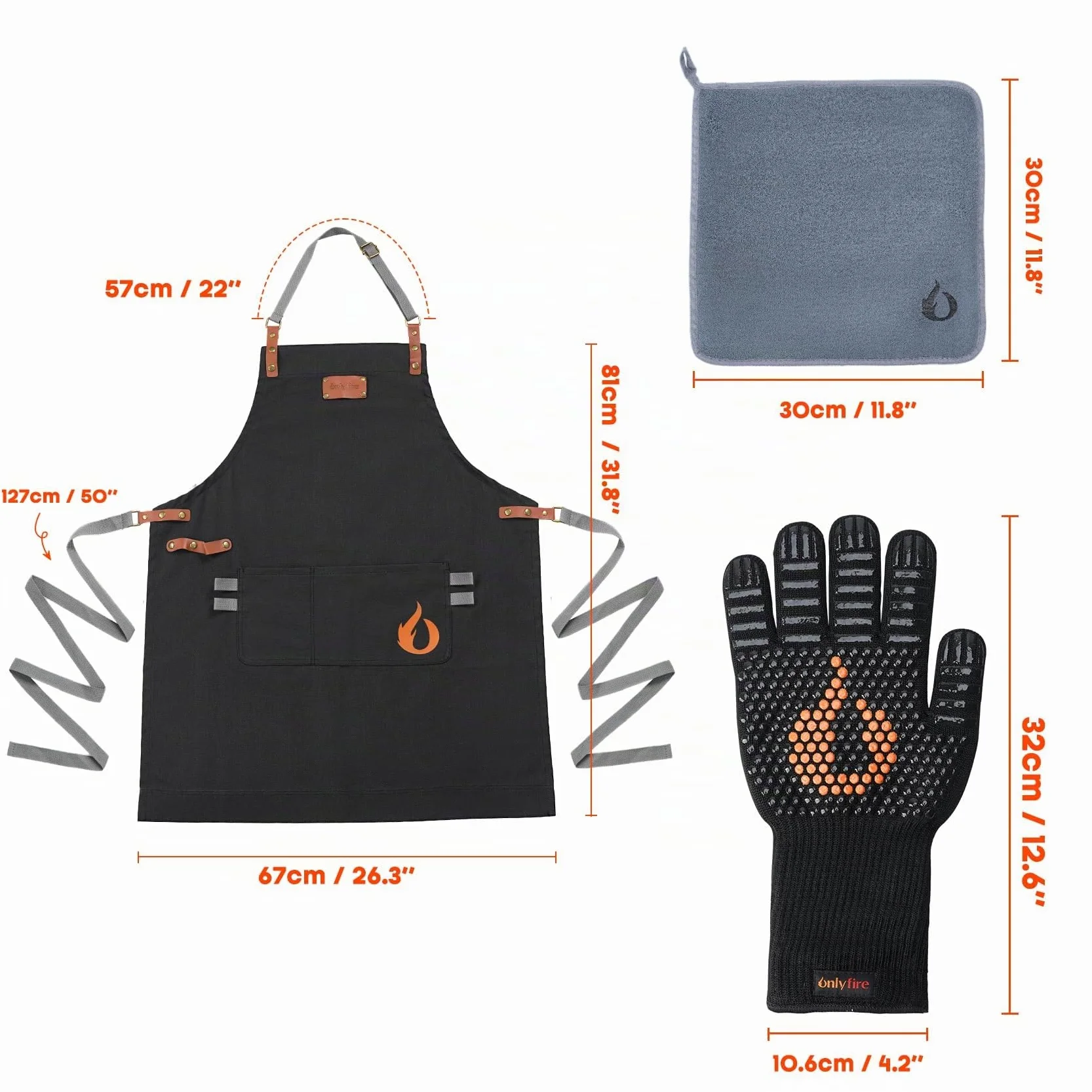onlyfire Set di Utensili da Cucina da 3 Pezzi, Guanti da Barbecue Resistenti al Calore, Grembiule Regolabile con 2 Tasche e Panno di Pulizia in Microfibra, Set di Accessori per Barbecue per Cucinare