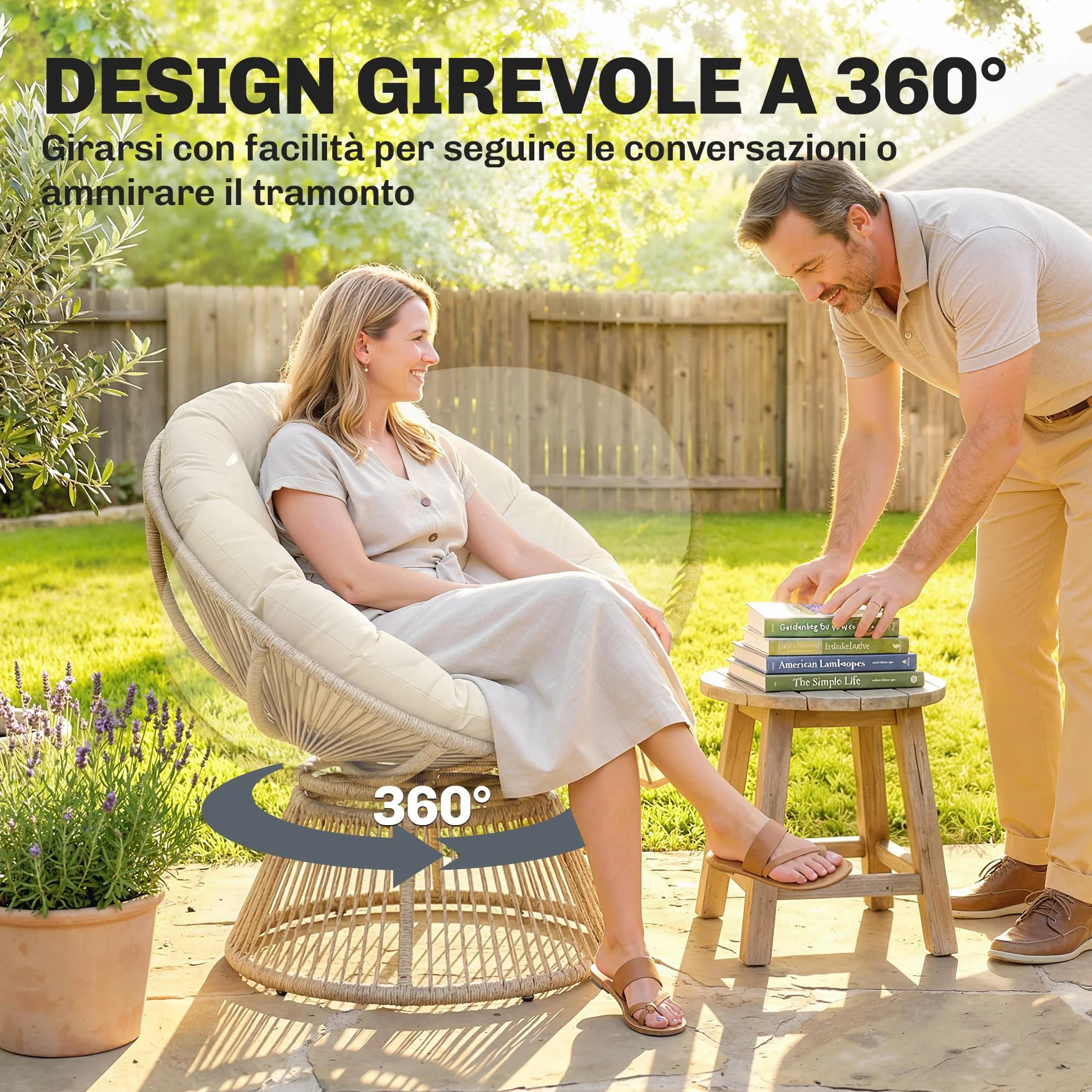 Outsunny Poltrona Papasan in Rattan Girevole a 360°, Poltrona da Giardino Girevole con Cuscino Oversize da 110 cm e Struttura in Acciaio, per Interni ed Esterni, Bianco Crema