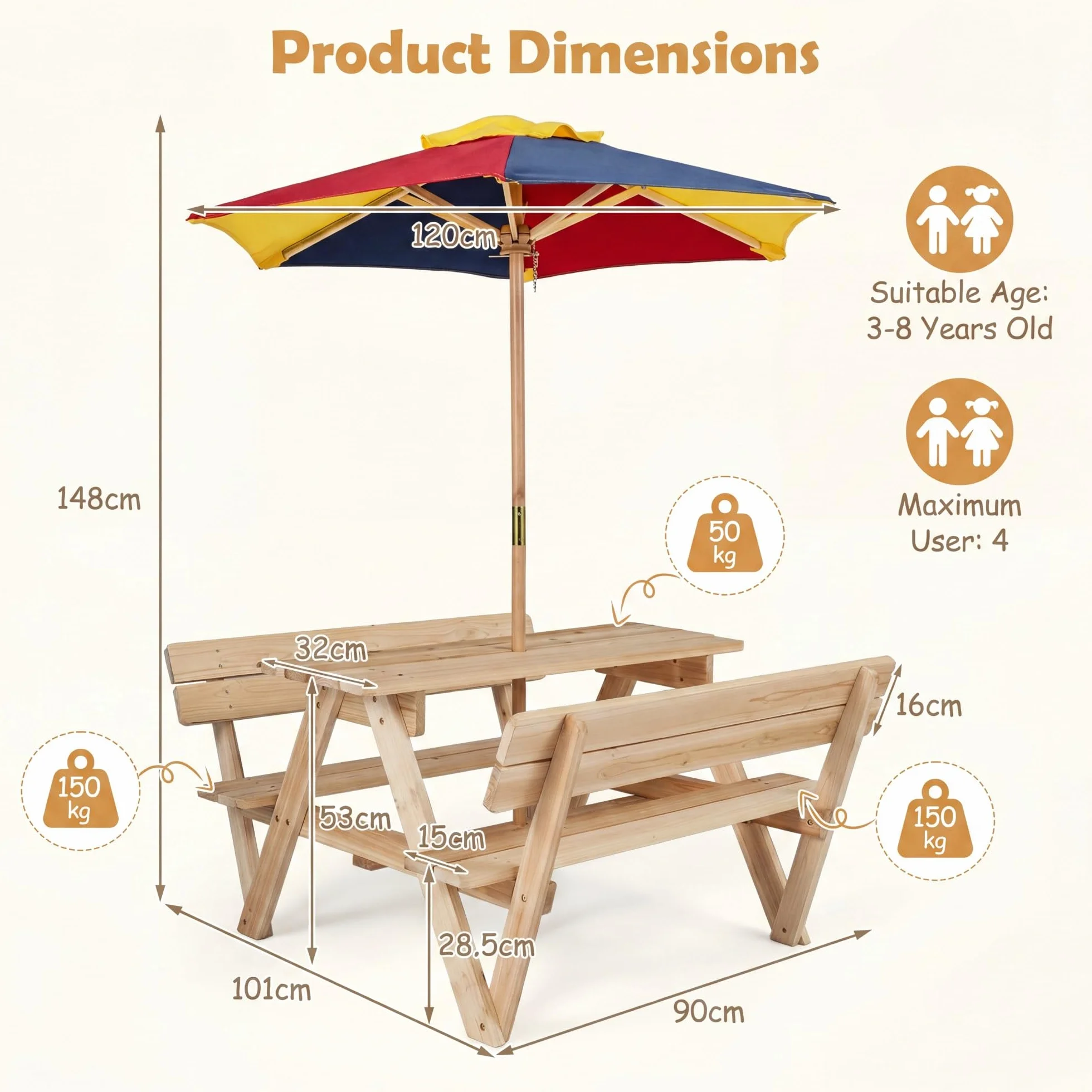 LIFEZEAL Tavolo da Picnic per Bambini con Ombrellone Rimovibile Legno Abete 4 Posti 3-8 Anni