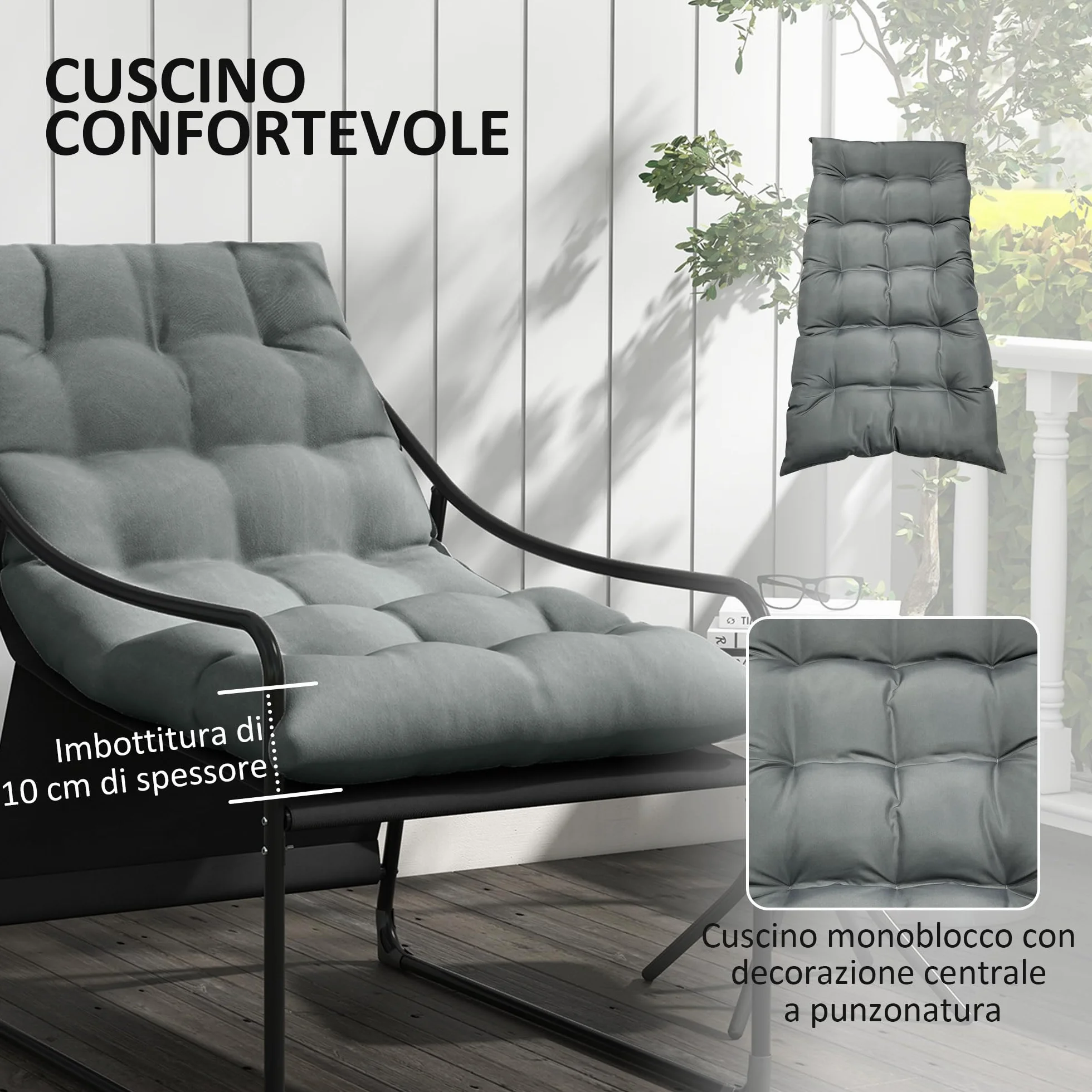 Outsunny Poltrona da Giardino con Cuscino Imbottito in Cotone PP, Poltroncina per Esterno in Acciaio e Poliestere, 62x110x88 cm, Grigia e Nera