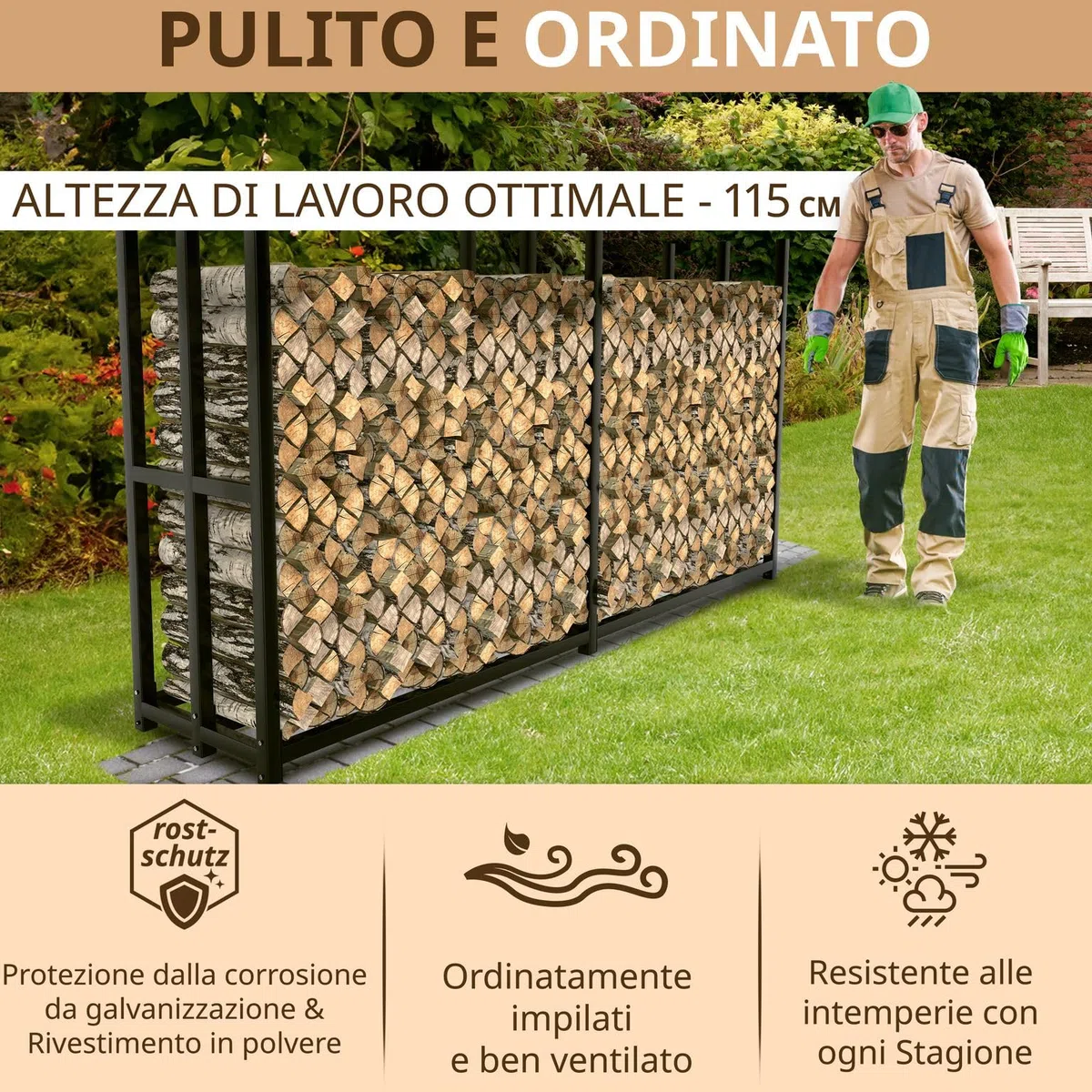 Portalegna da esterno in metallo zincato nero 223 x 50 x 115 cm legnaia per legna da ardere