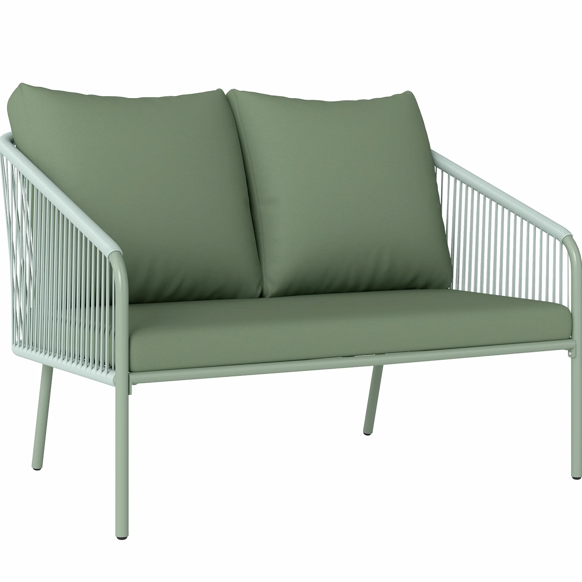 Outsunny Divano da Giardino 2 Posti in Rattan PE, Divanetto da Esterno in Stile Boho con Cuscini Sfoderabili, Braccioli e Telaio in Acciaio, Divano da Esterno, per Terrazza e Cortile, Verde