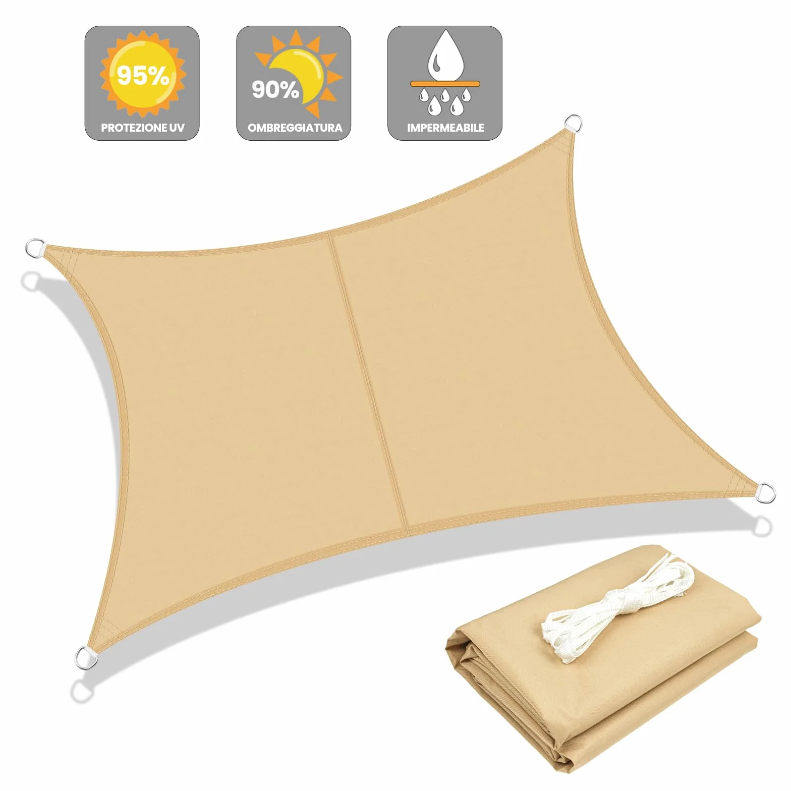 Tenda a Vela Impermeabile 3x4m Rettangolare Protezione UV 95% Giardino Terrazza Patio Sabbia