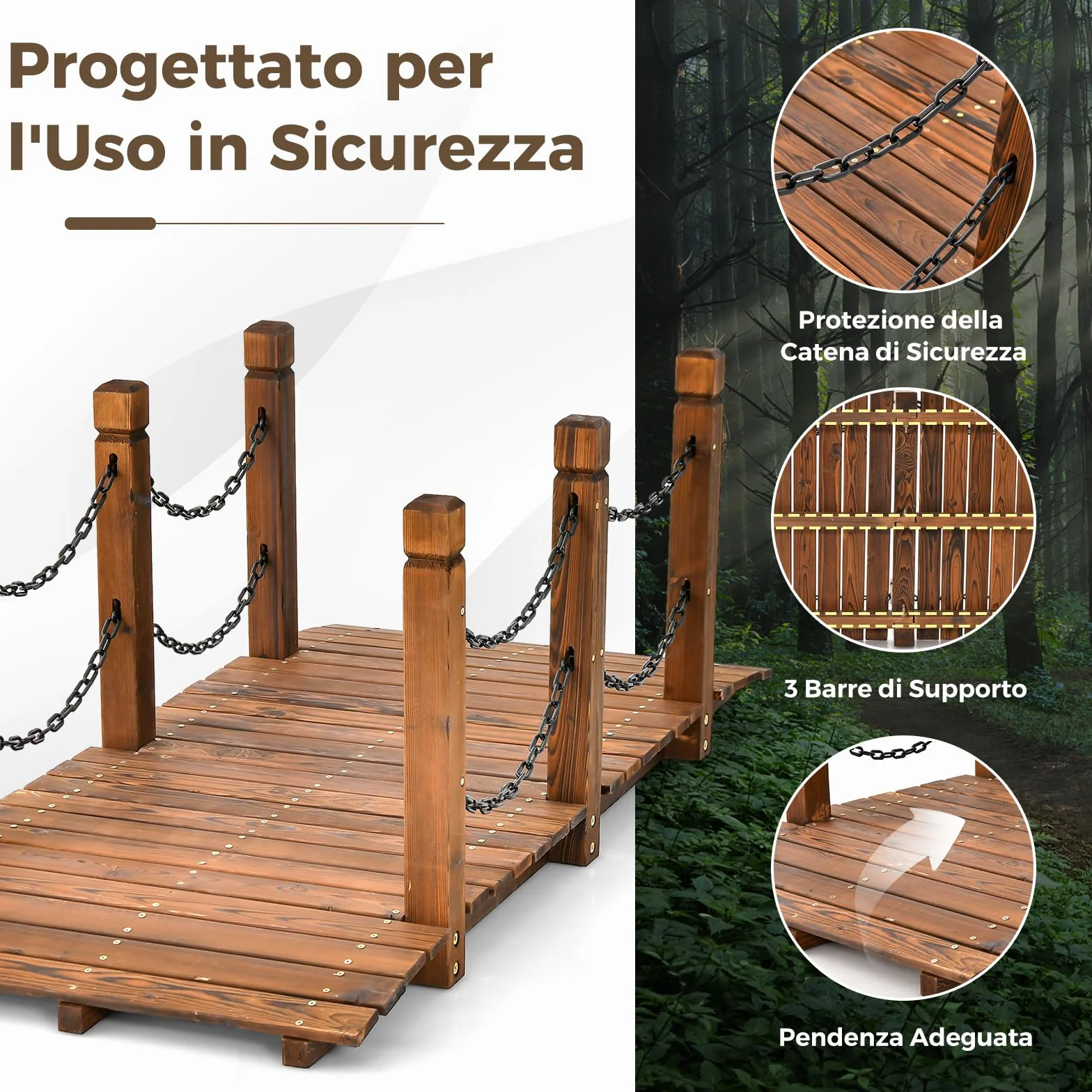 COSTWAY Ponte da Giardino in Legno, Ponte Decorativo con Finitura Tinta e Catena di Sicurezza, Ponte ad Arco in Legno per Giardino, Patio, Cortile e Fattoria, Carico 80 kg