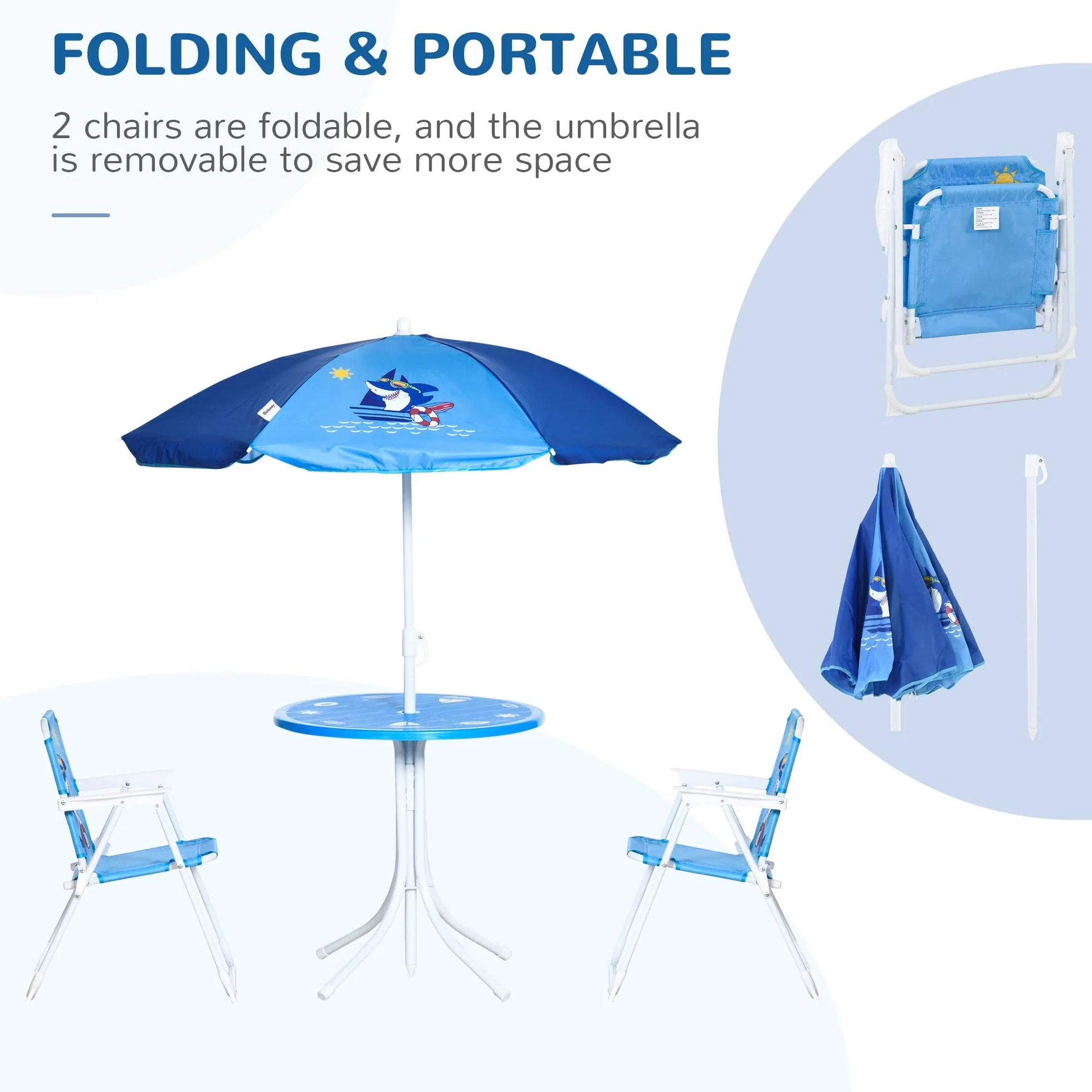 Outsunny Tavolo e Sedie per Bambini da Giardino con Ombrellone Regolabile, Set 4 Pezzi, Blu