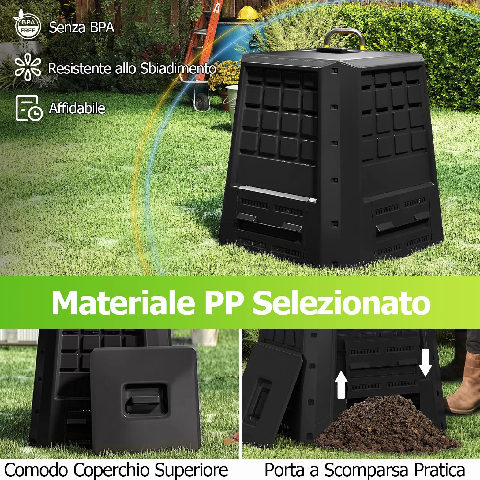 RELAX4LIFE Compostiera da Giardino da 380L, Contenitore per Compostaggio con Accesso Frontale, Ideale per Rifiuti da Giardino e Cucina