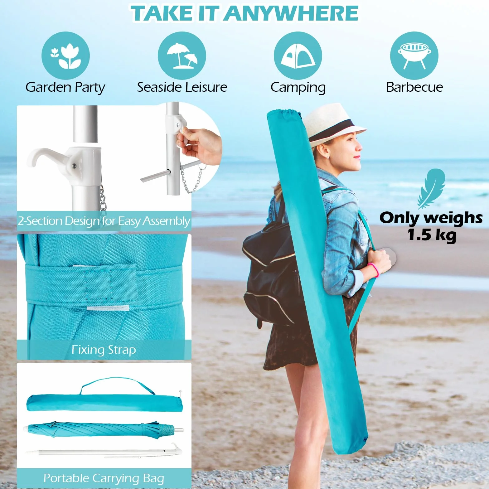 KOMFOTTEU Ombrellone da Spiaggia 200cm UV50+ Pieghevole Leggero con Borsa