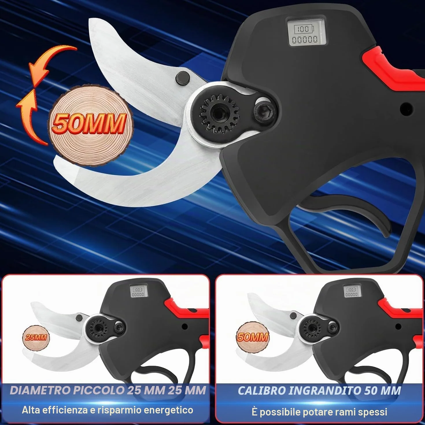 50mm Forbici Potatura a Batteria con Asta: Forbice Potatura a Batteria Telescopica 2,4m con Motore Brushless, 2 Batterie da 2000mAh 21V, Cesoie a Batteria per Potatura per Ulivi, Vigneti, Giardino