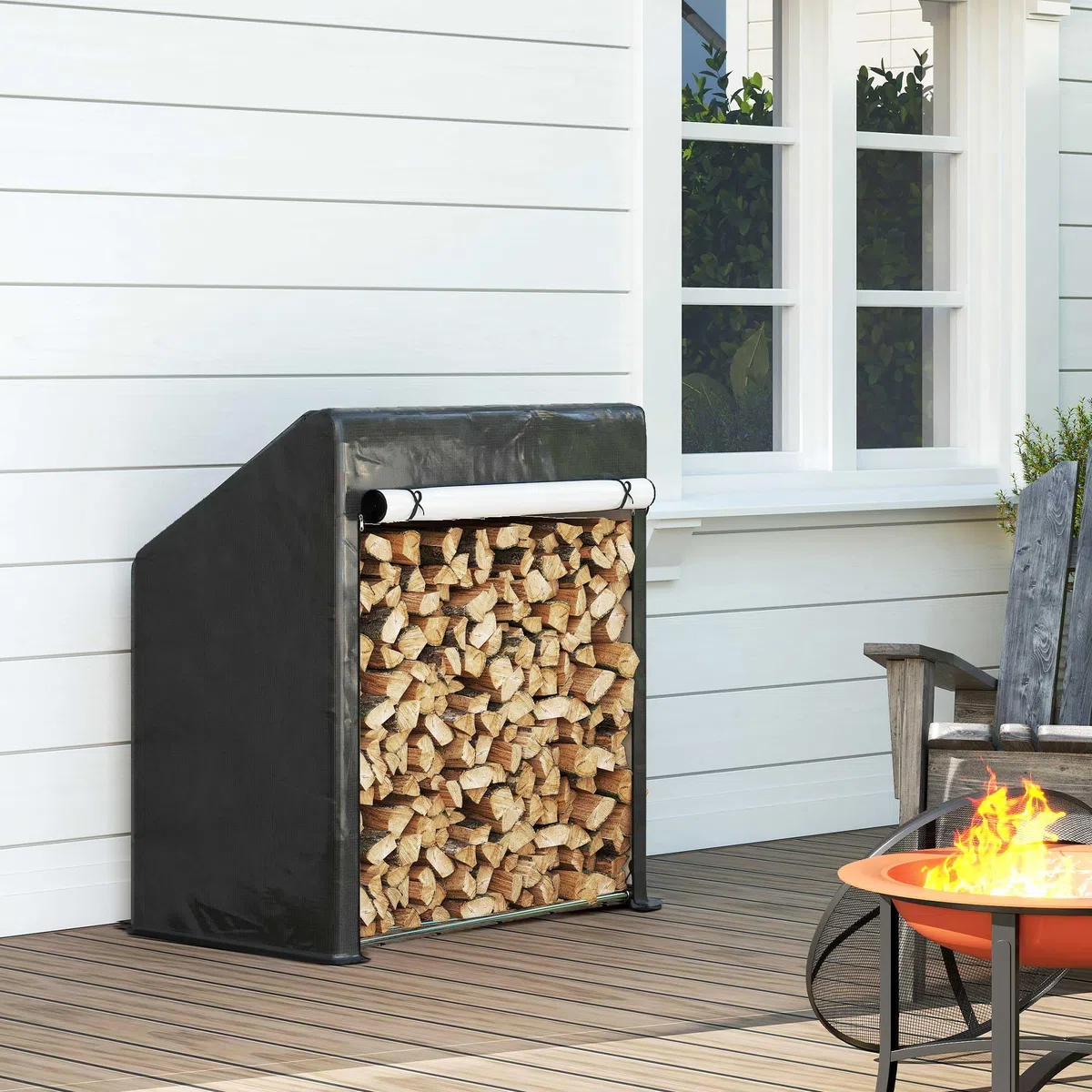 Outsunny Legnaia da Esterno in Acciaio Rinforzato, Portalegna Impermeabile 100x60x110 cm Nero Argento