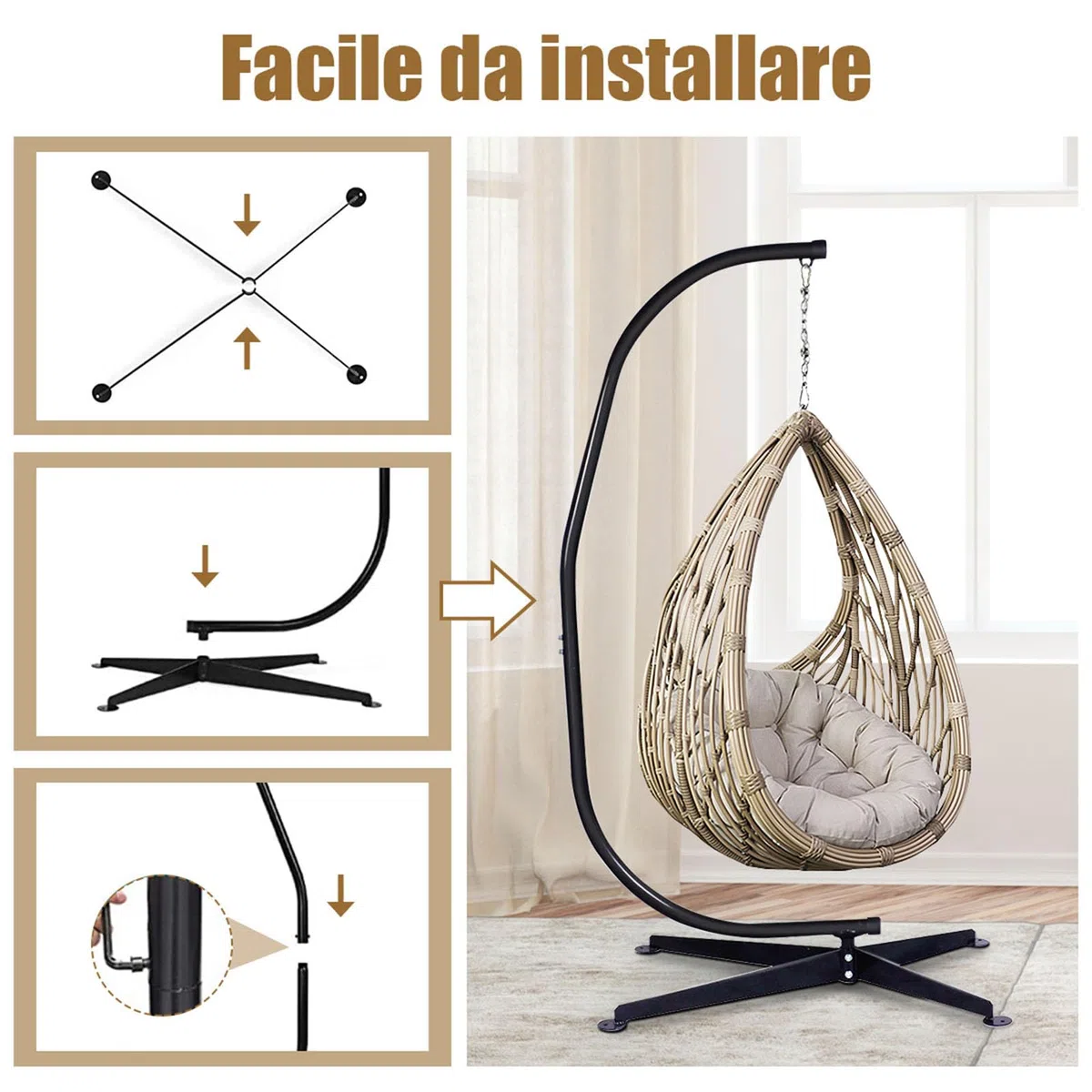 COSTWAY Supporto per Amaca a Sedia a Forma di C, Sostegno per Sedia in Acciaio, Carico Massimo di 150 kg, Nero (Solo Telaio, Senza Amaca a Sedia)