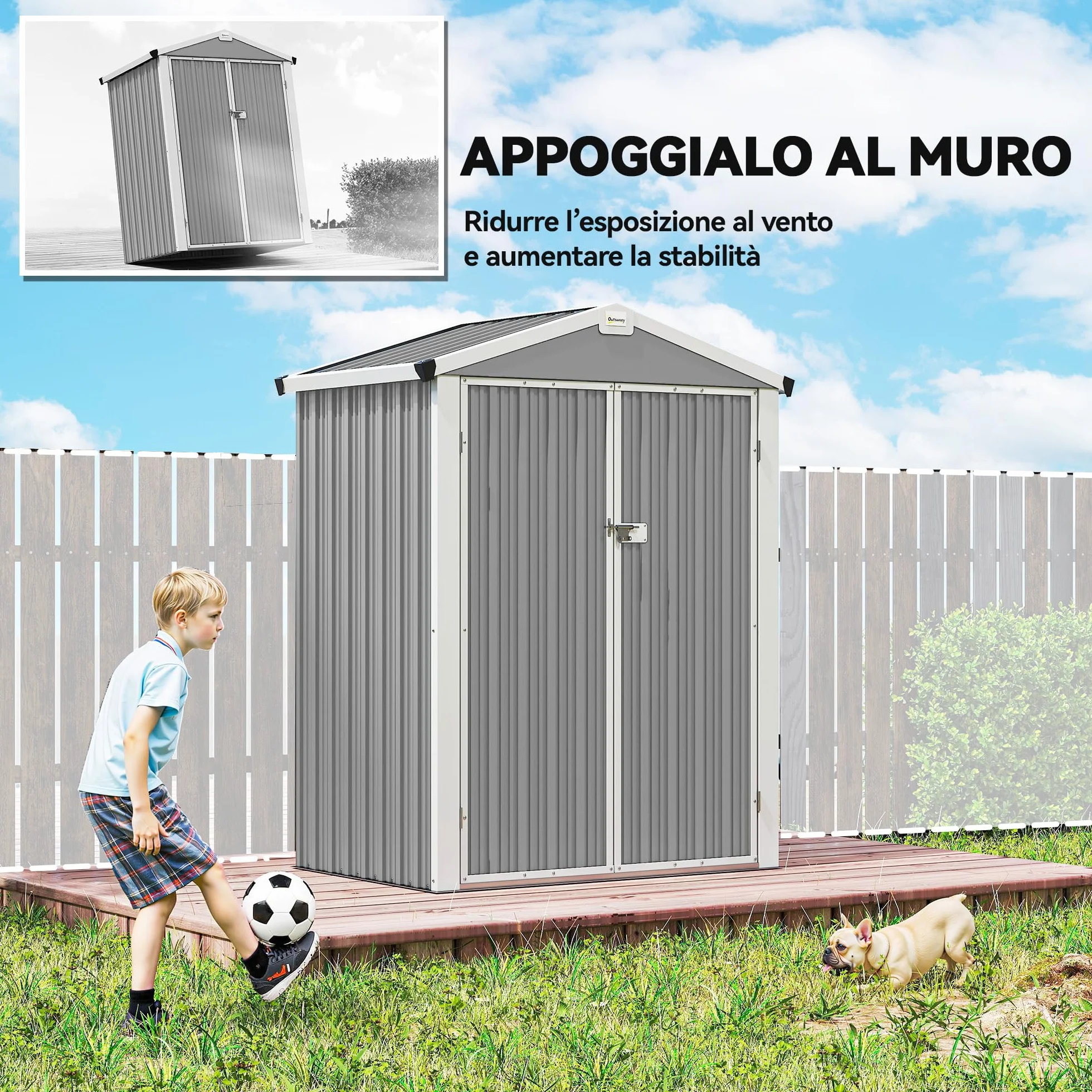 Outsunny Casetta da Giardino 1.1m² Acciaio Zincato Doppie Porte Larghe Bloccabili Tetto Inclinato 133x87x178 cm Grigio Argento