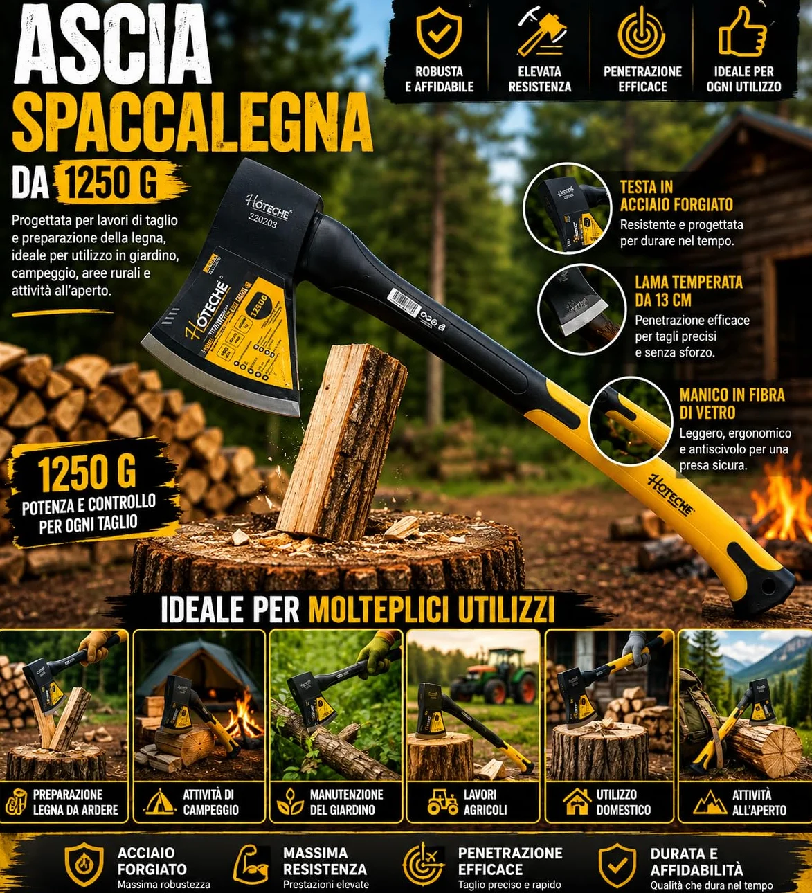Mazza Accetta Spaccalegna 1250 g Manico 80 cm ABS Antiscivolo Ascia Legna Acciaio Forgiato Lama Temperata 13 cm