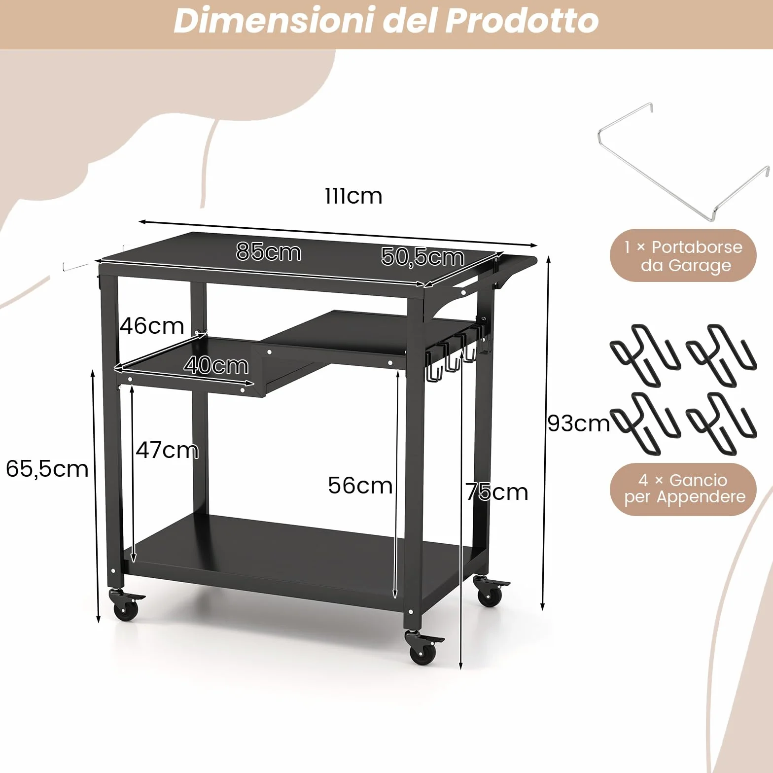 COSTWAY Carrello Barbecue da Esterno Portatile 3 Ripiani 4 Ruote Bloccabili