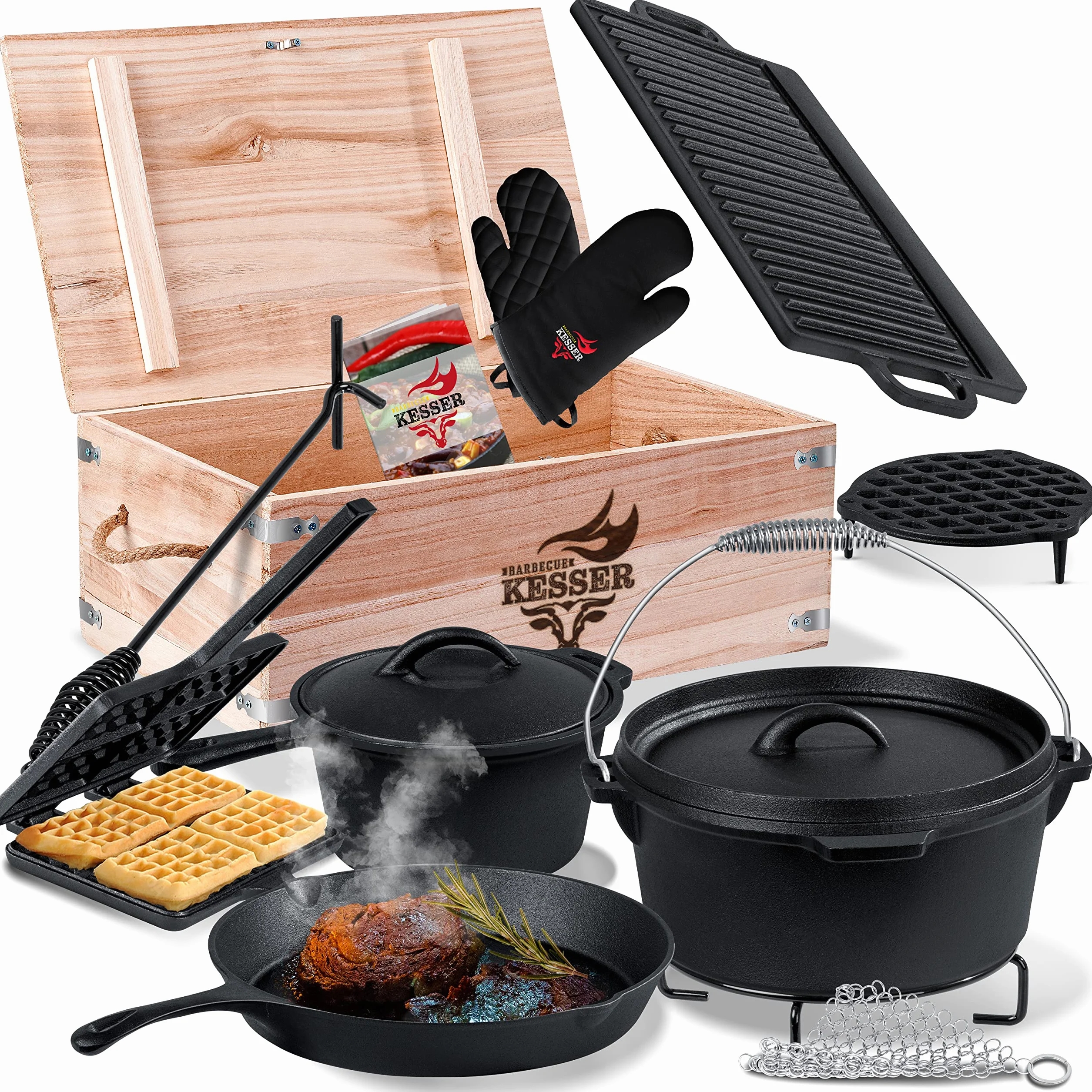 KESSER® Dutch Oven Set in scatola di legno con forno olandese Con molti accessori - ghisa - già bruciato con pentola di cottura piastra grill padella coperchio sollevatore I 12 Pezzi
