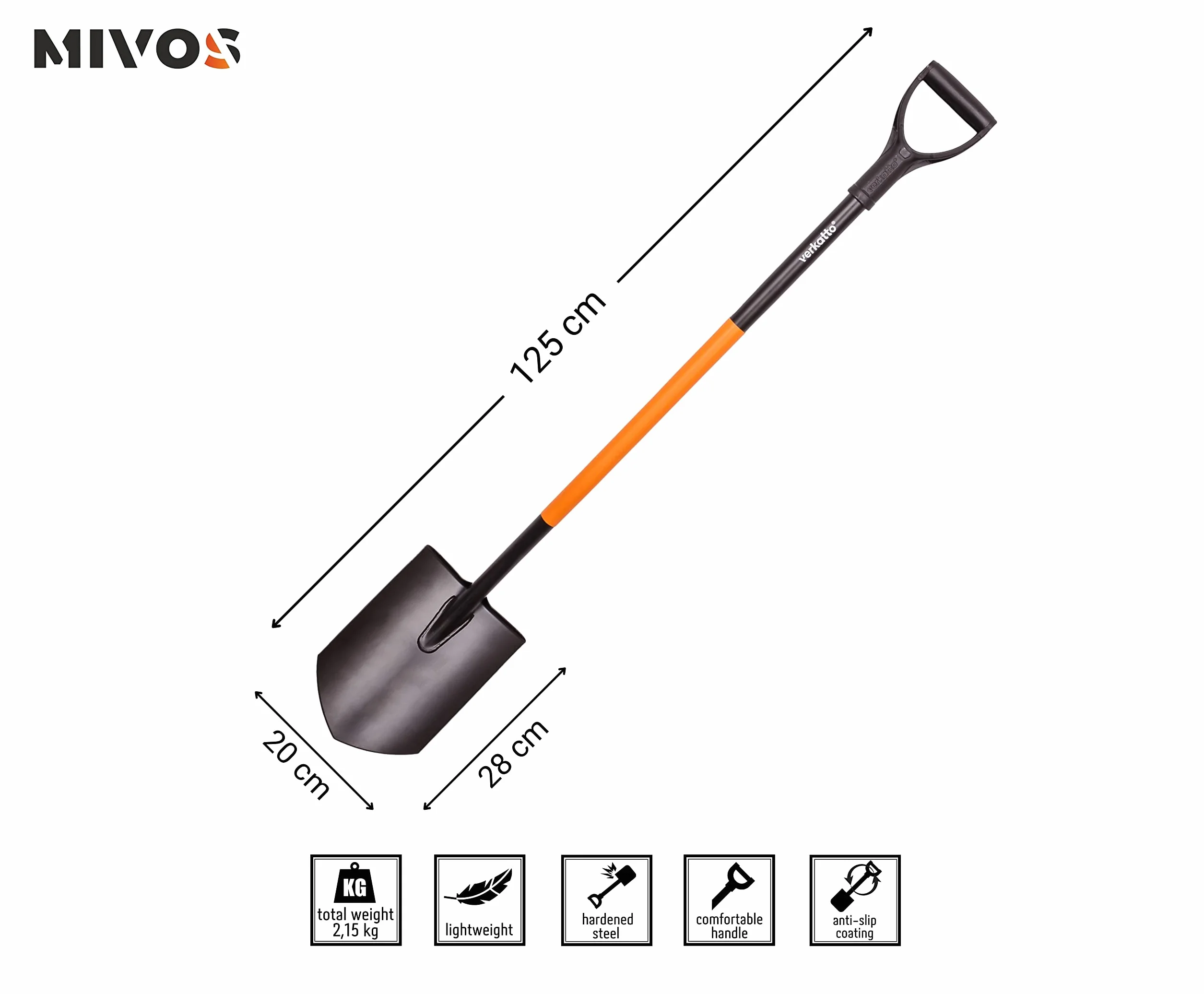 Mivos Vanga a Punta Ergonomica in Acciaio al Carbonio - Lunghezza 124 cm - Vanga da Giardinaggio per Scavare in Terreni Duri – Pala da Lavoro con Impugnatura a D – Made in EU