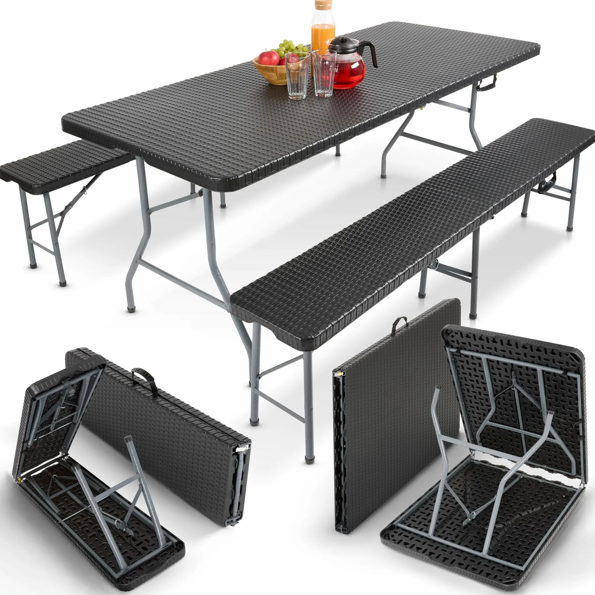 AREBOS Set tavolo pieghevole da campeggio con 2 panche | Set tavolo da giardino effetto rattan per 8 persone | Resistente UV e intemperie | Struttura in acciaio stabile | Facile da trasportare