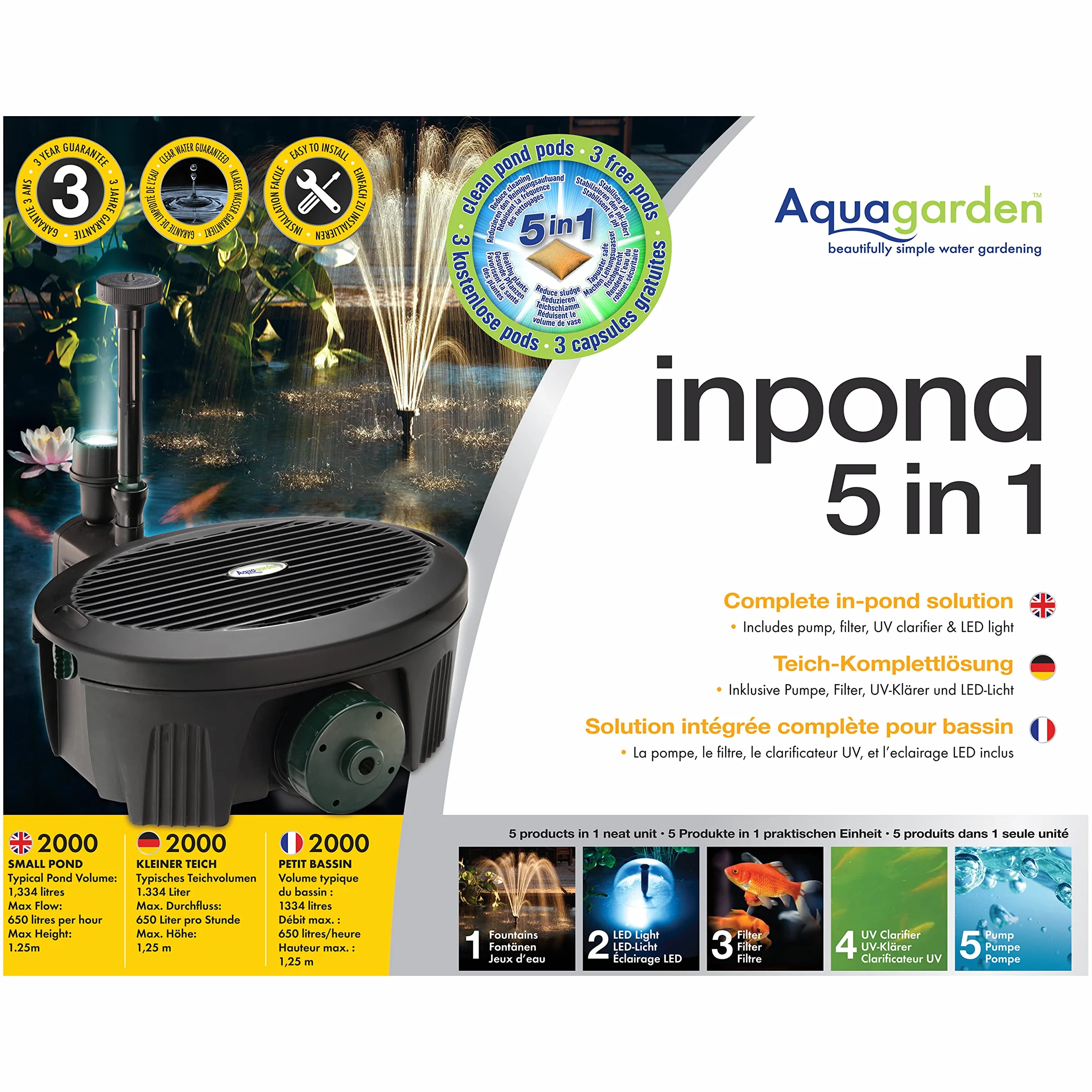 Aquagarden Inpond 2000, pompa per laghetto e acqua, filtro, chiarificatore UV, faretto LED e fontana, soluzione completa per un laghetto pulito, limpido e bello, per laghetti fino a 2000 litri, nero