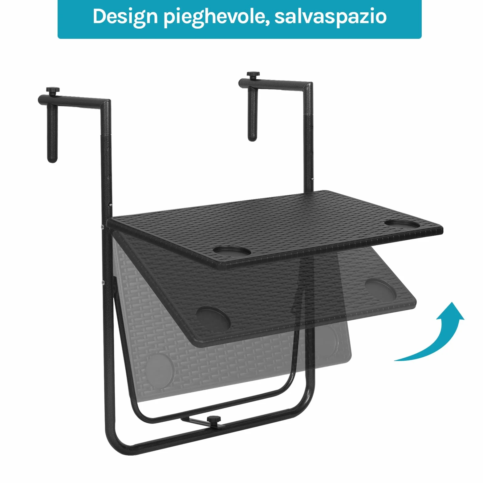 WOLTU Tavolino Pieghevole da Balcone Regolabile in 3 Altezze, Tavolo Sospeso per Ringhiera, Rattan, Nero