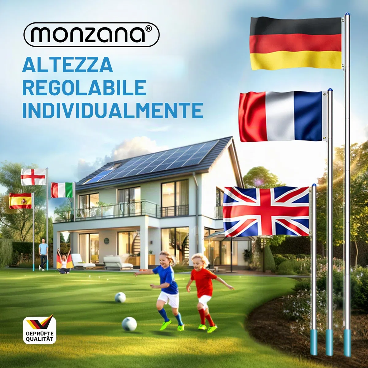 MONZANA Set Montaggio Bandiera Asta Alluminio 6,5 m con Fune Moschettone Gancio Regolabile