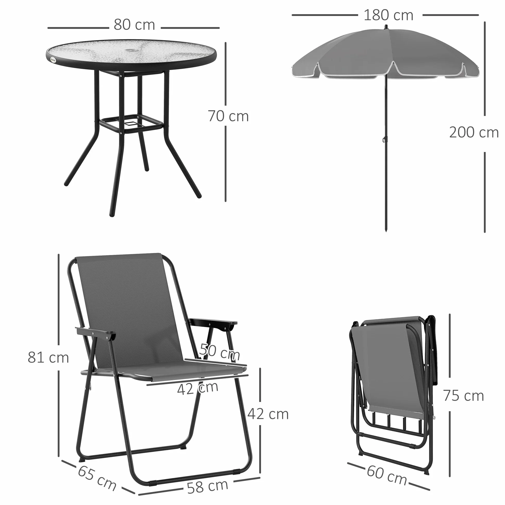 Outsunny zestaw 6-częściowy mebli ogrodowych: 4 krzesła składane, stół szklany, parasol, patio, taras, szary