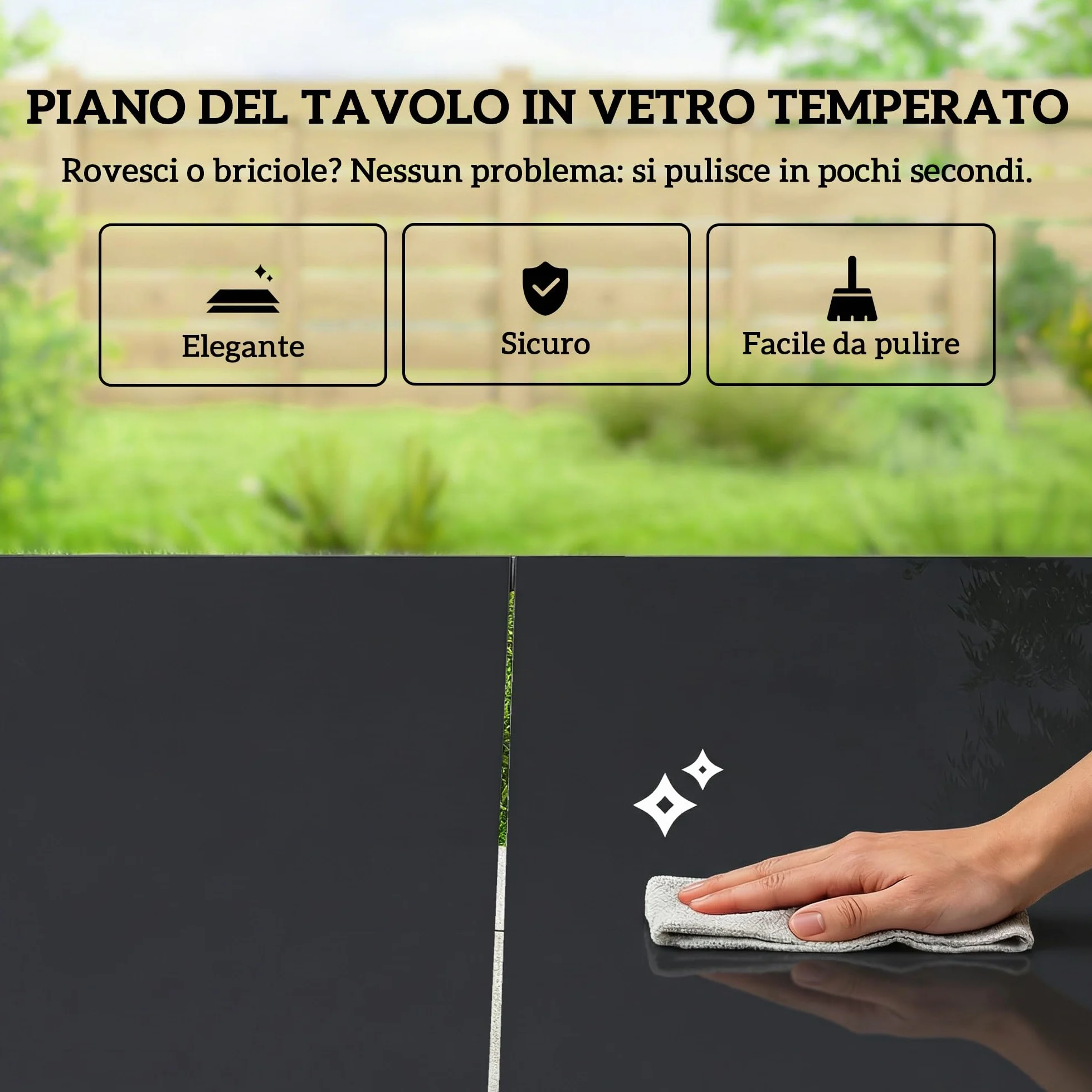 Outsunny Set Tavolo e Sedie da Giardino 7 Pezzi, Pranzo Esterno con Tavolo in Vetro Temperato, Sedie Texteline Traspirante, Acciaio, Nero
