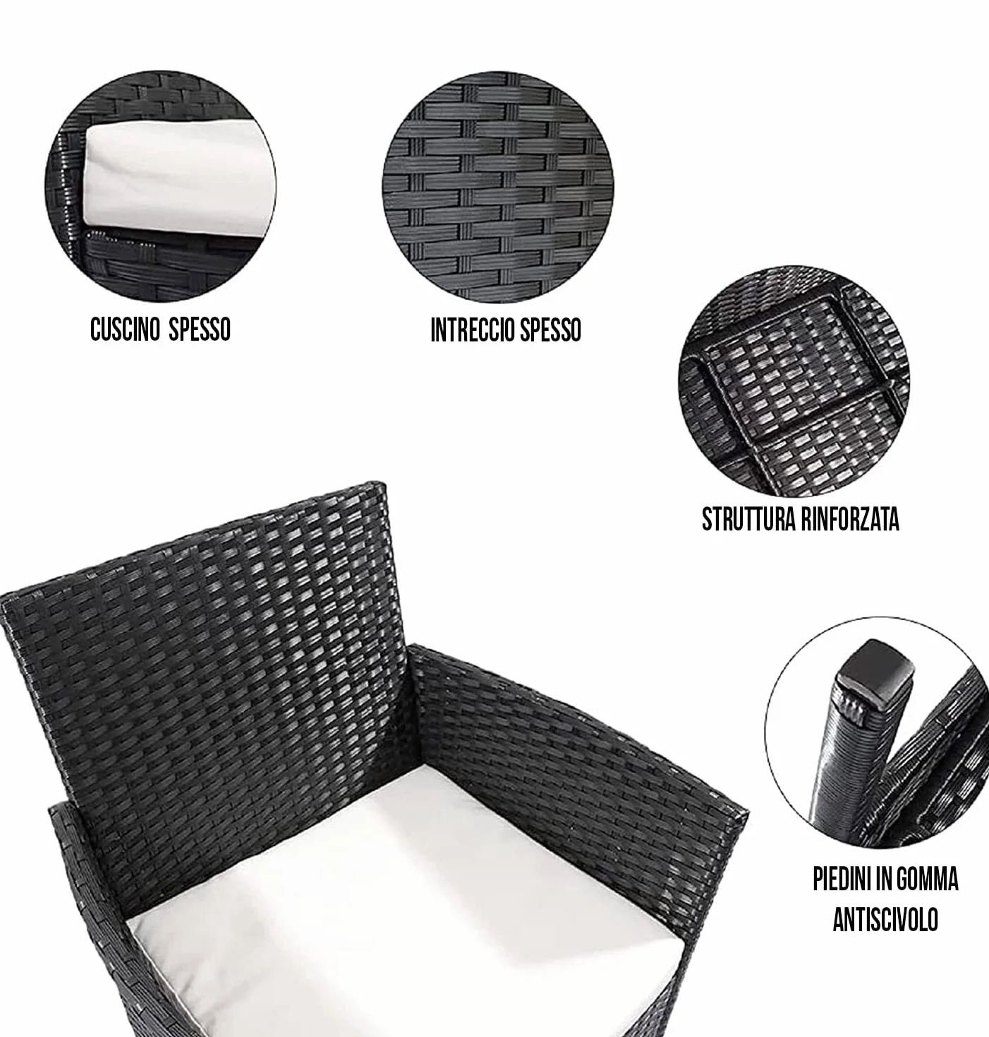 Arreditaly Set Di Mobili da Giardino in Rattan 4 Posti con Tavolino Vetro Cuscini Sfoderabili (Black)