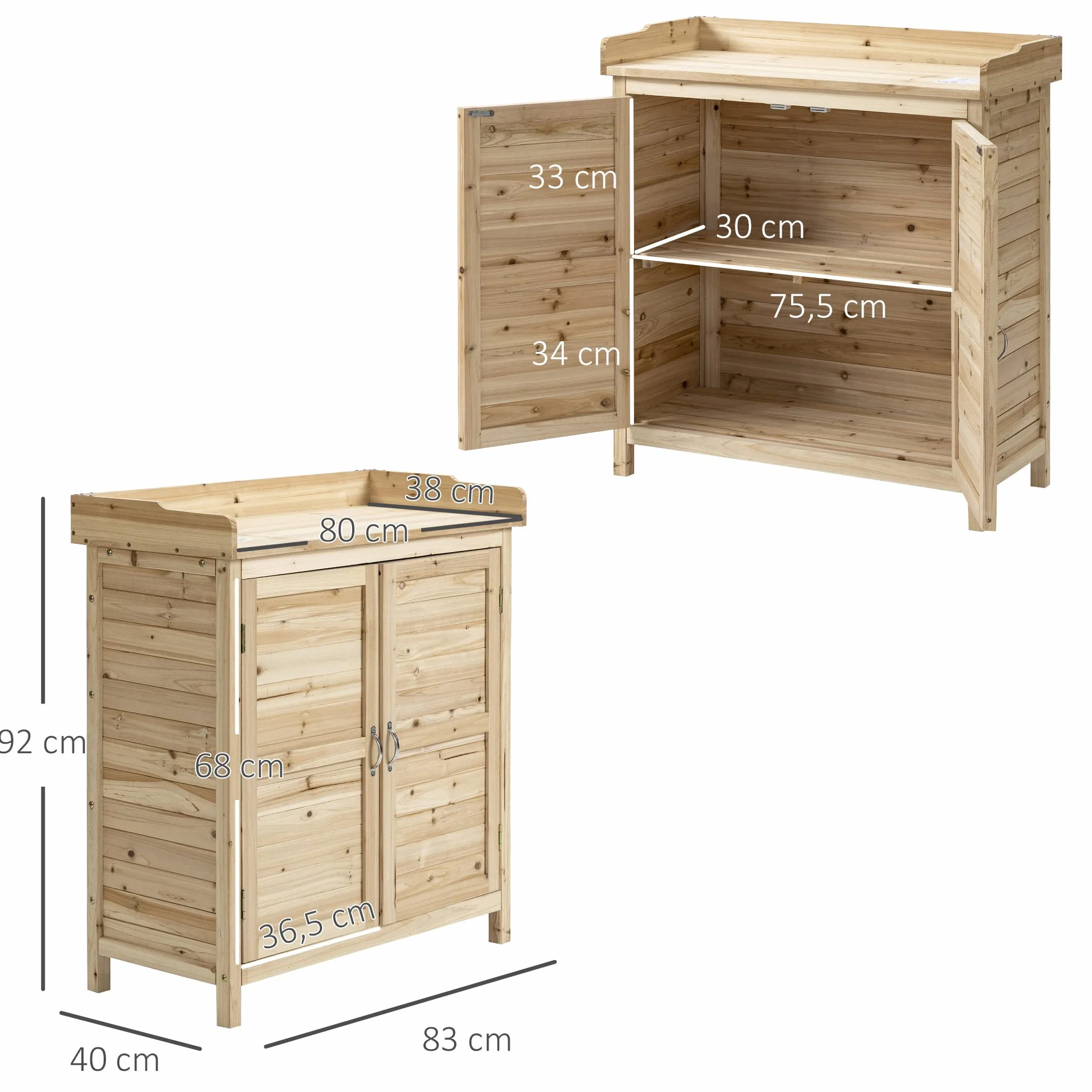 Outsunny Armadietto da Esterno a 2 Ripiani in Legno di Abete con Design Rialzato e 2 Ante, 83x40x92 cm, Color Legno