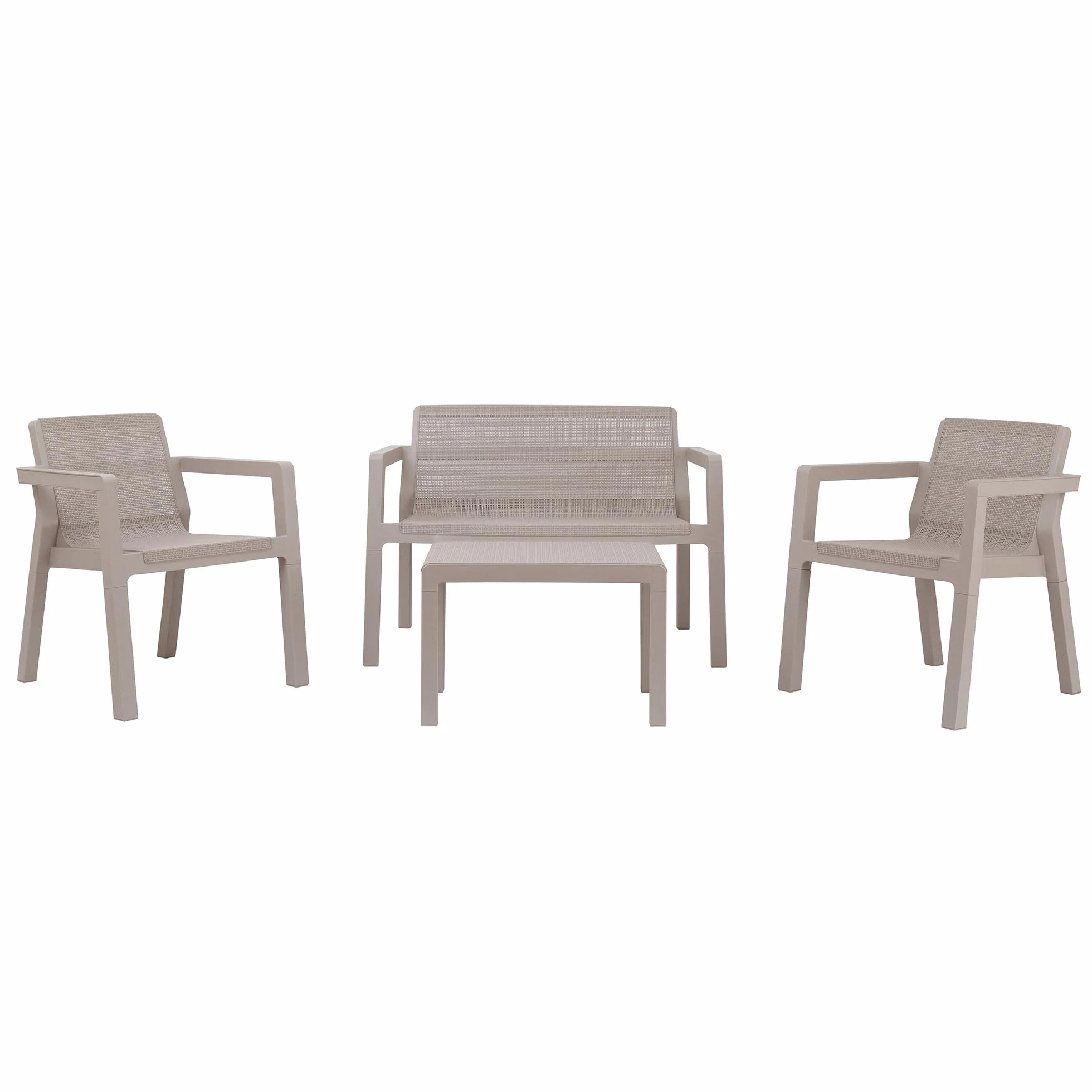 Toomax Set Salotto da giardino Riviera 4 posti grigio tortora, in polipropilene effetto juta, 2 poltrone con schienale ergonomico, divanetto da 2 posti e tavolo, ideale per terrazzi e spazi esterni