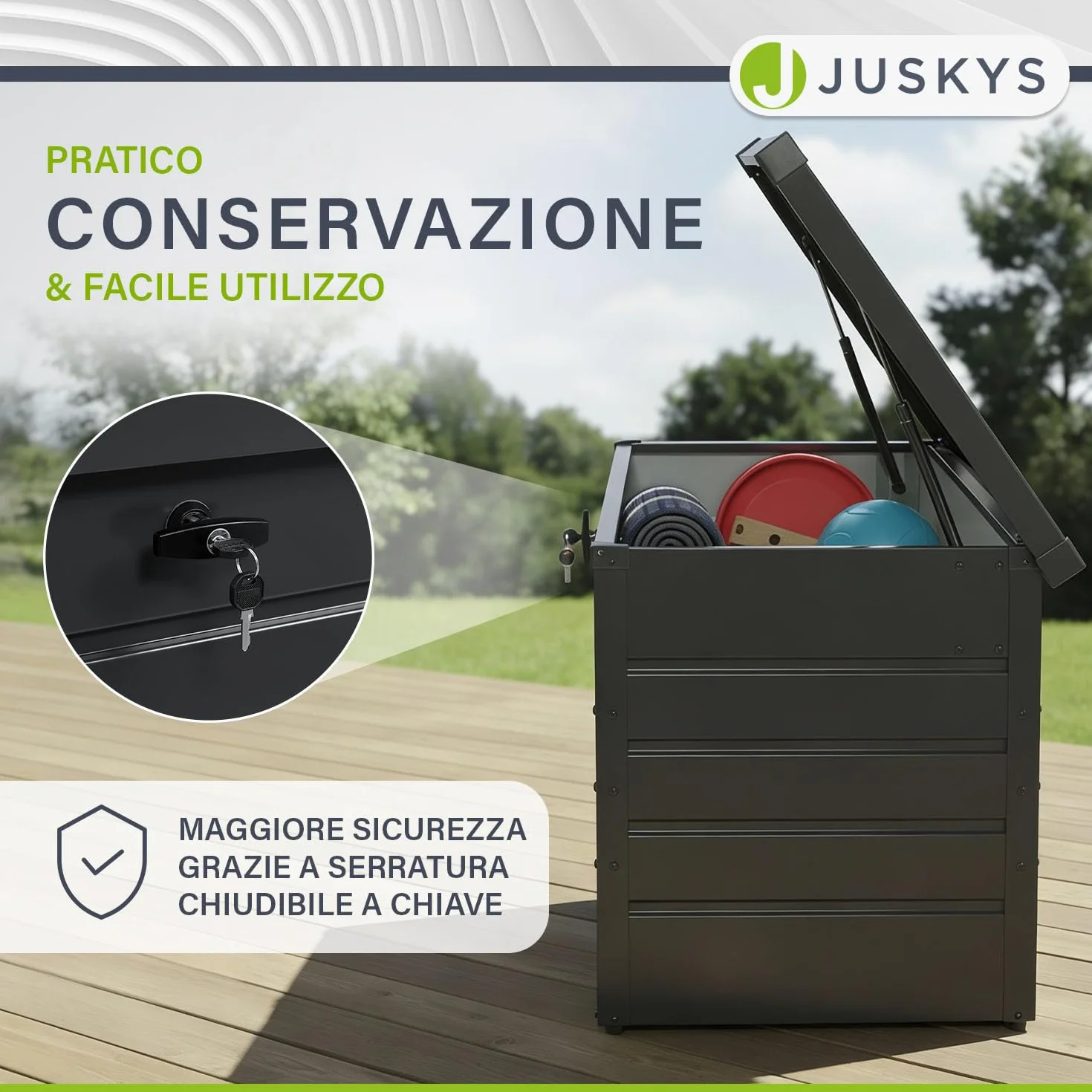 Juskys box di stoccaggio in metallo Limani 380 L – per esterni, impermeabile e chiudibile a chiave – contenitore da giardino per cuscini – antracite
