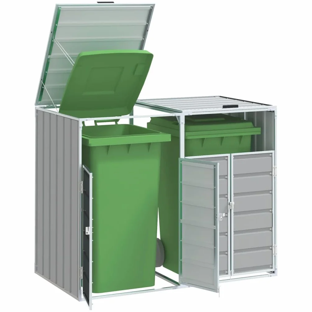 vidaXL Copribidone con Ruote per 2 Bidoni Grigio 144x81x113 cm Acciaio, copribidone singolo con ruote, copribidone da giardino, copertura per cassonetti