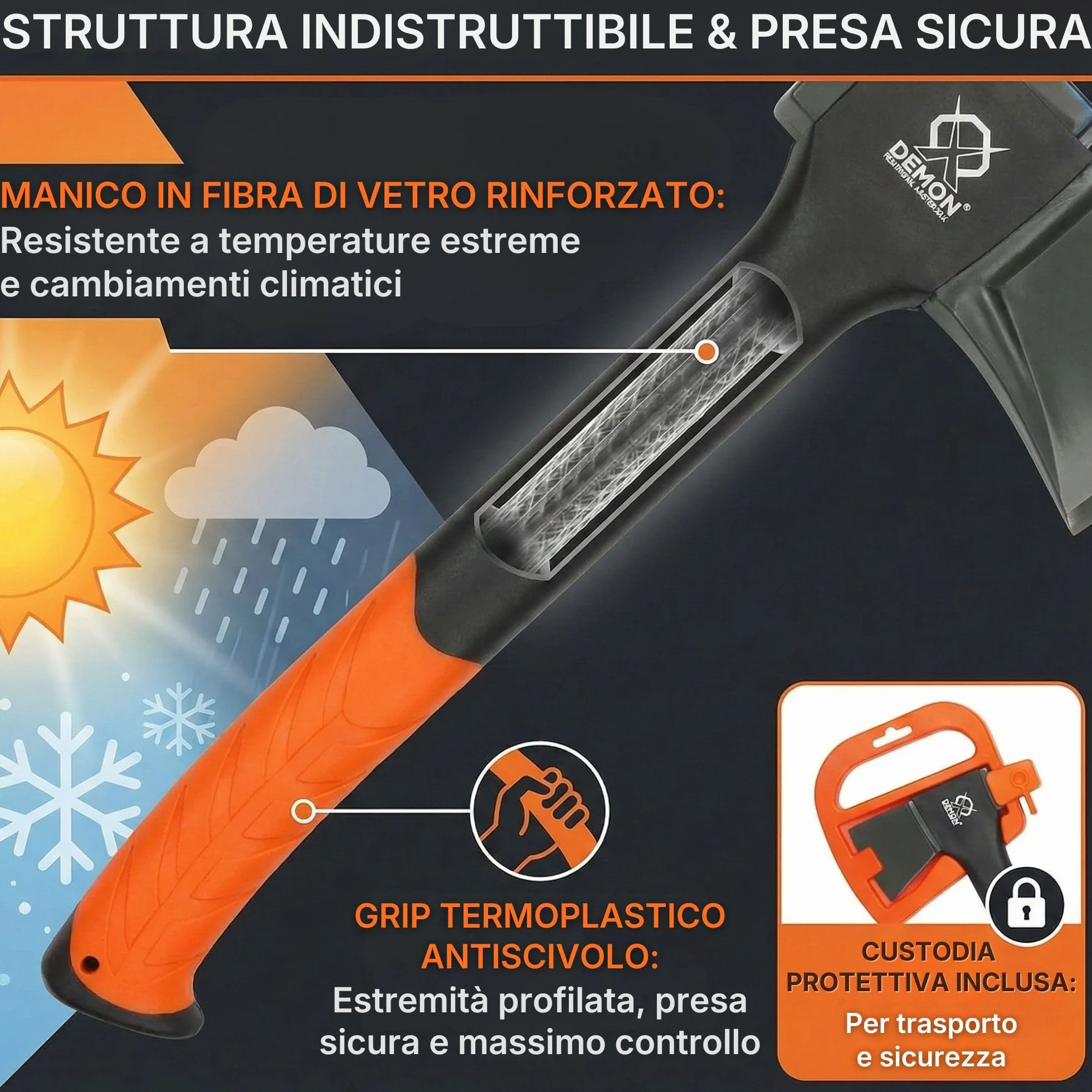 Ascia Spaccalegna Professionale 1250g 60,5 cm Accetta con Impugnatura Thermoplastic Antiscivolo Custodia