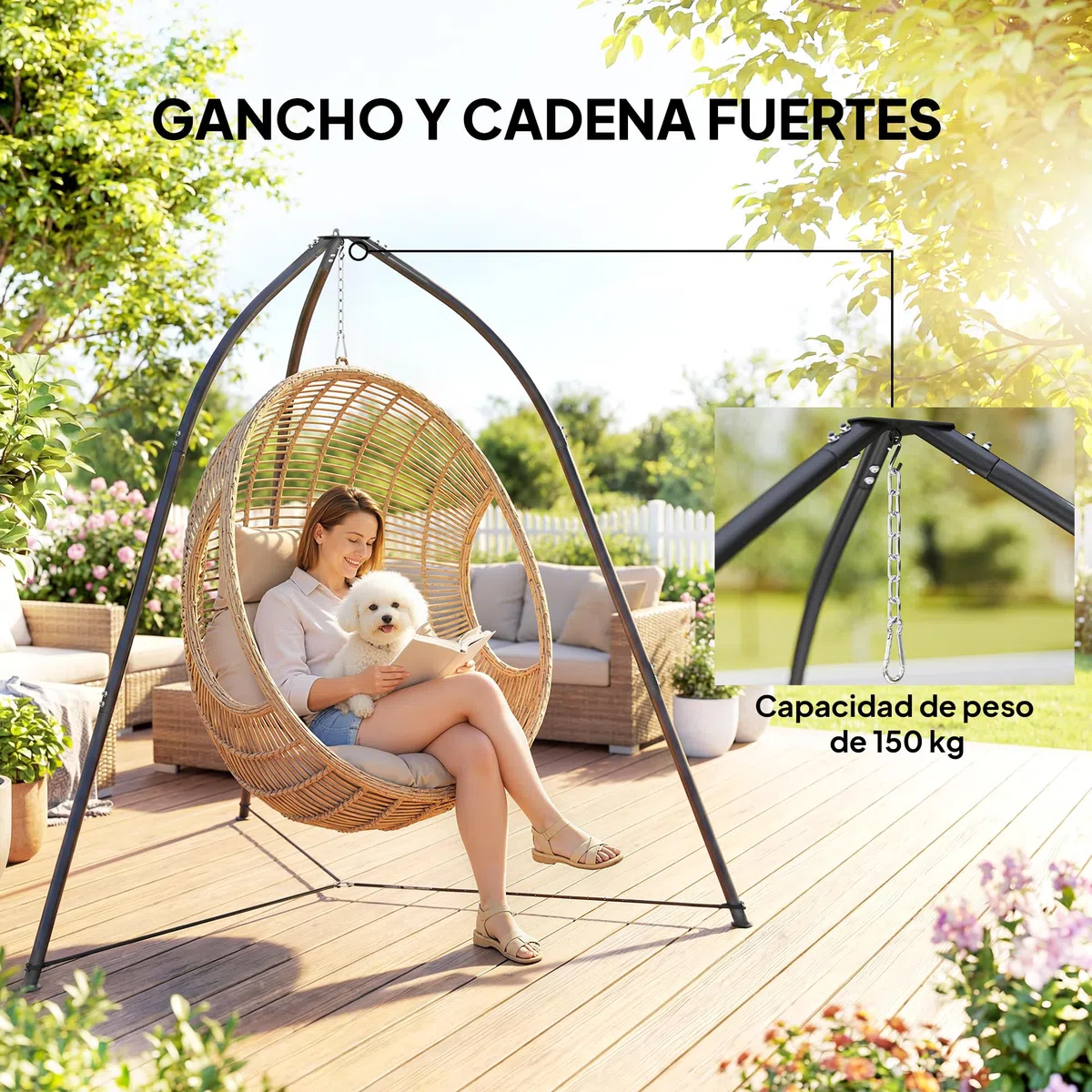 Outsunny Supporto per Sedia sospesa Triangolare Altezza 210 cm, con Catena Regolabile, Base Stabile, Resistente alle intemperie, Struttura per Sedia sospesa per Patio, Giardino, carico 150 kg, Nero
