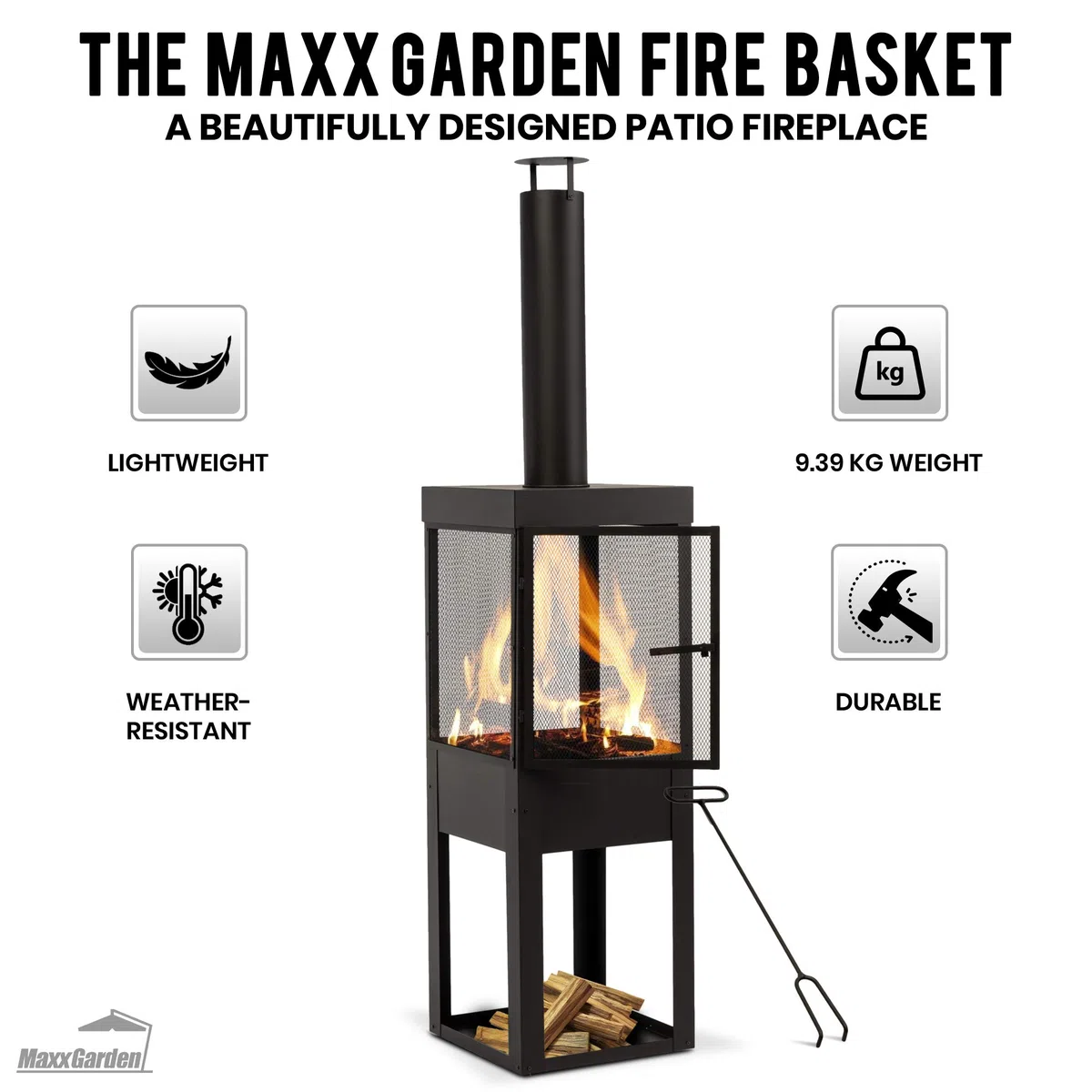 MaxxGarden Caminetto da Giardino con Parascintille Griglia in Acciaio e Scomparto per Legna