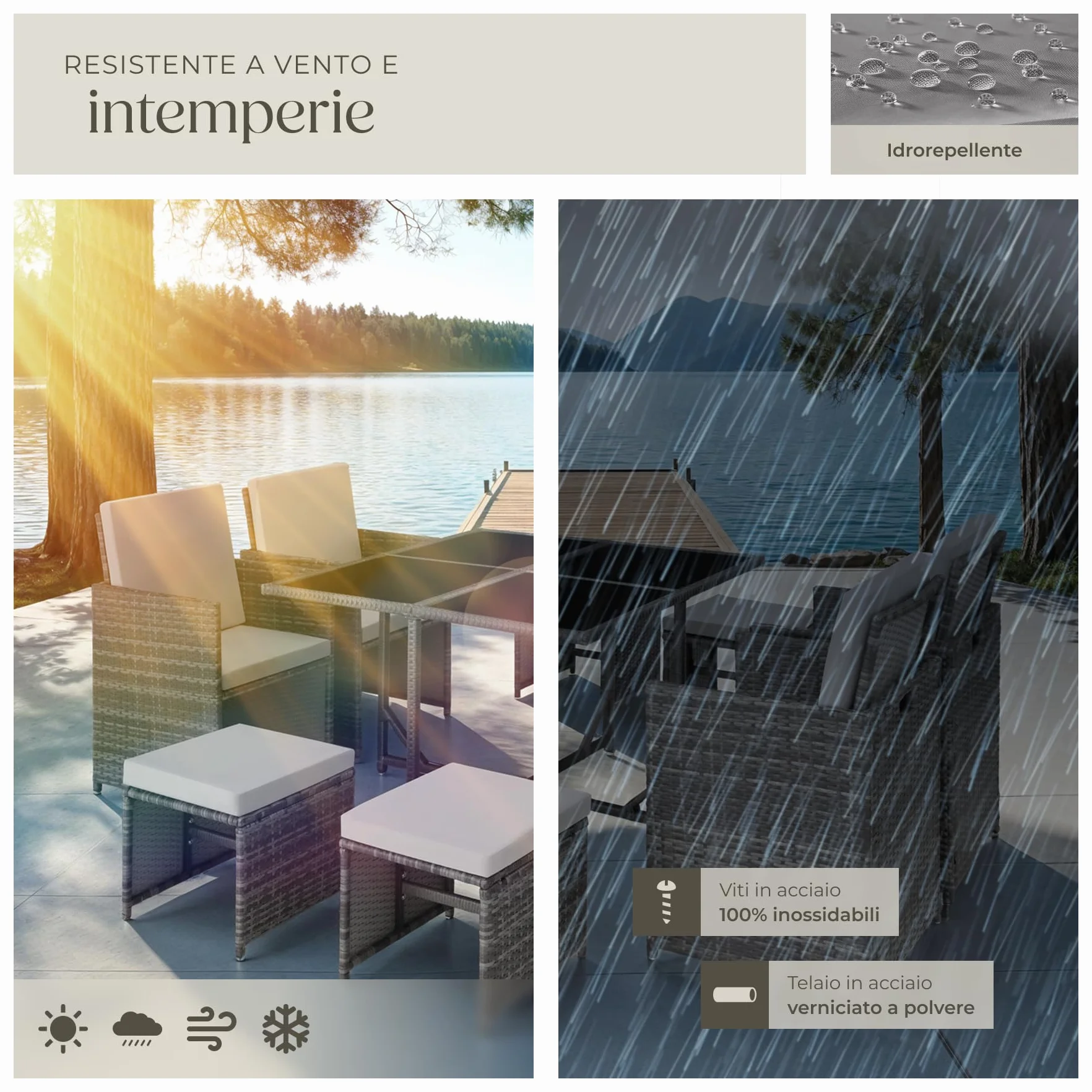 Set Mobili Rattan Bilbao 4 Sedie 4 Sgabelli Tavolo Acciaio Poly Rattan Giardino Terrazzo Grigio